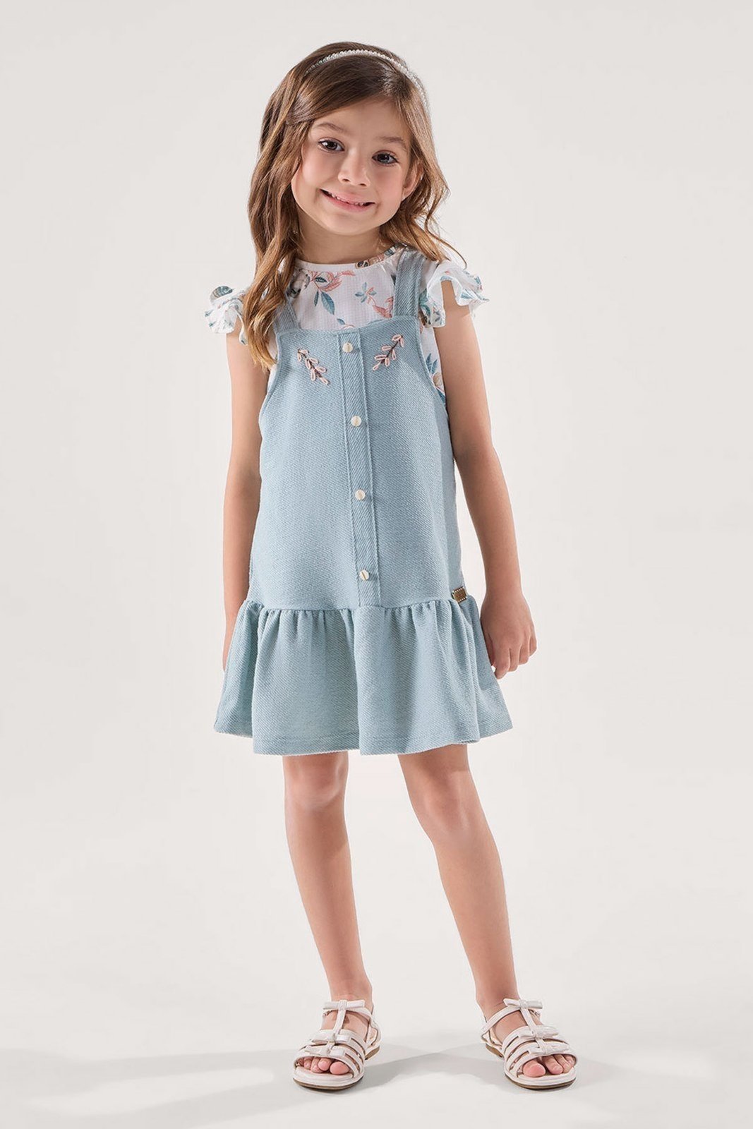 Infantil - Conjunto Blusa Estampada e Salopete Aqua Texturizado Bordado