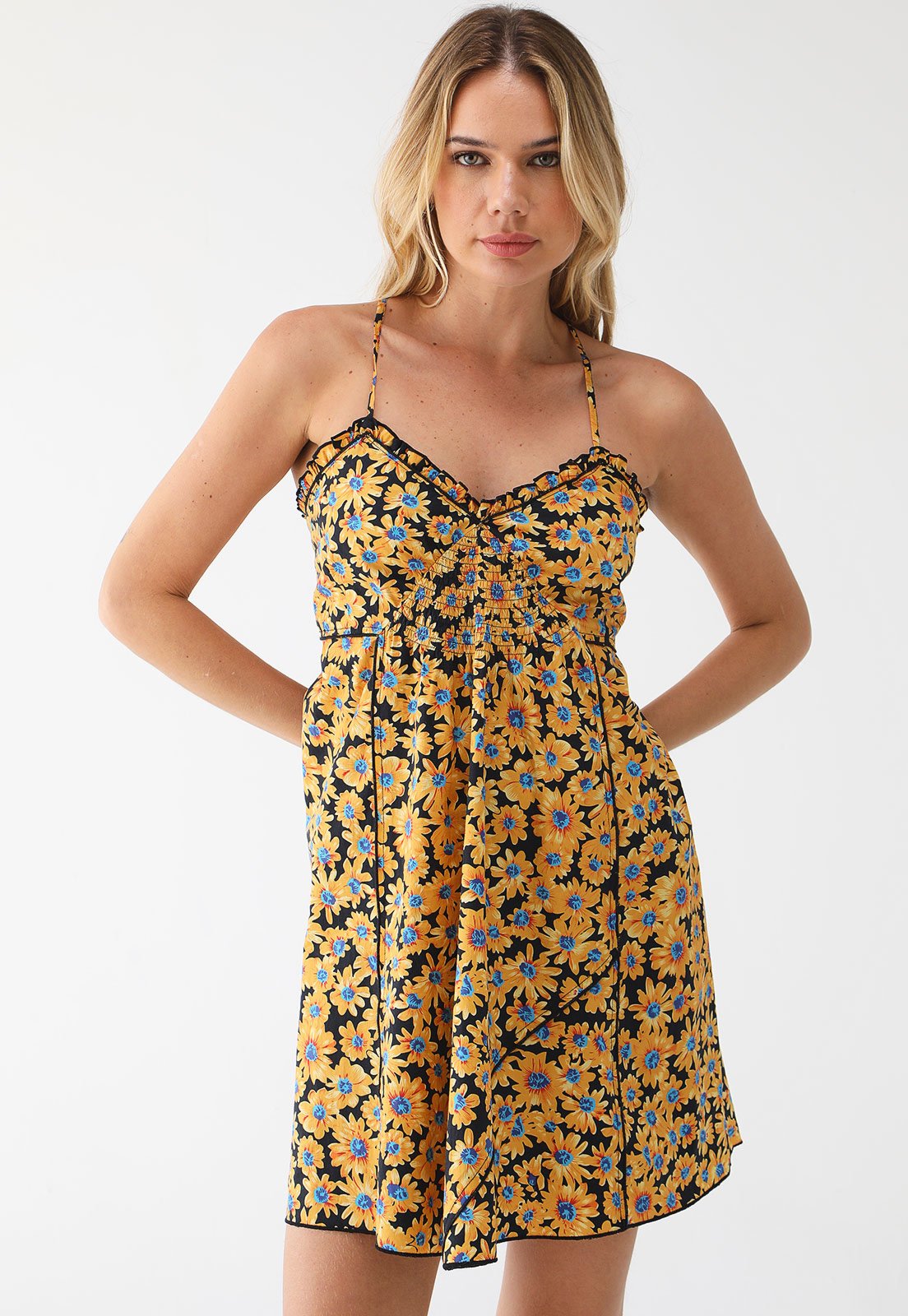 Vestido TOPSHOP Curto Alça Floral Amarelo