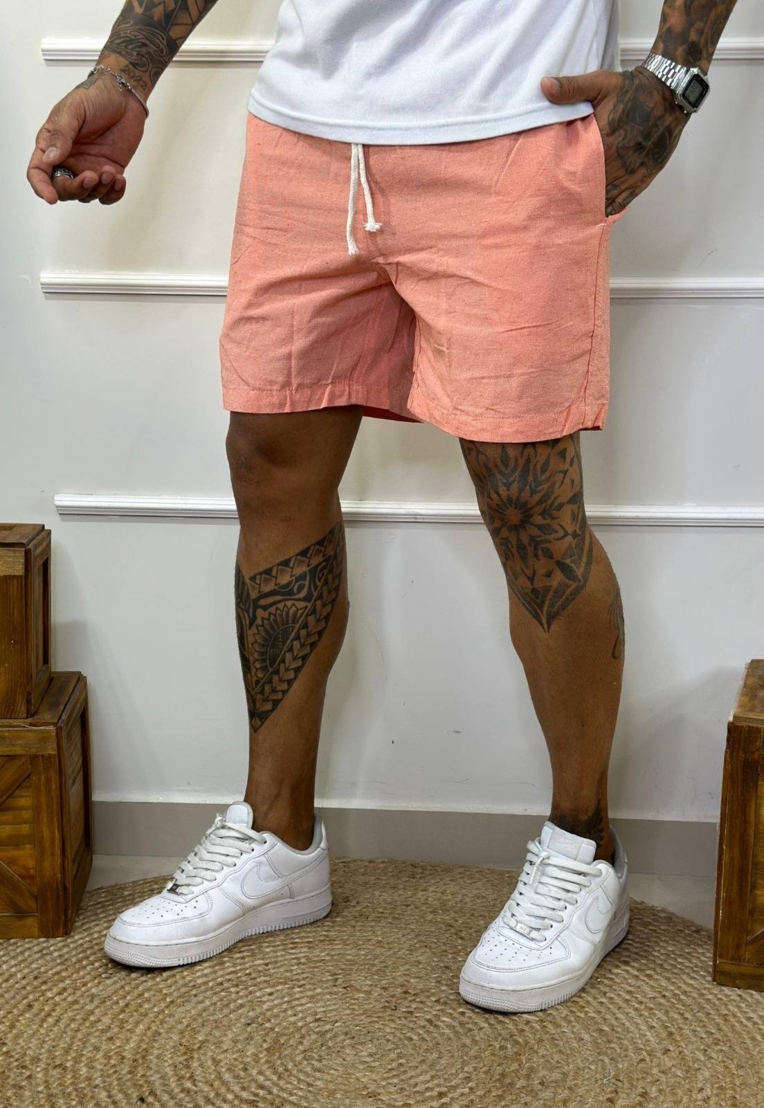 Bermuda Elegante Masculina Curta Coral Mauricinho Confortável Tecido Premium