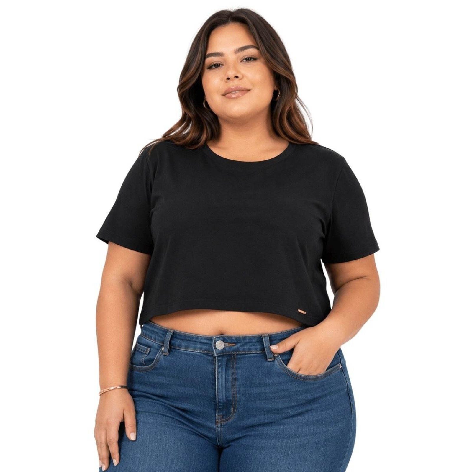 Blusa Cropped Manga Curta Básica Plus Size Feminina Lunender 00644 Preta