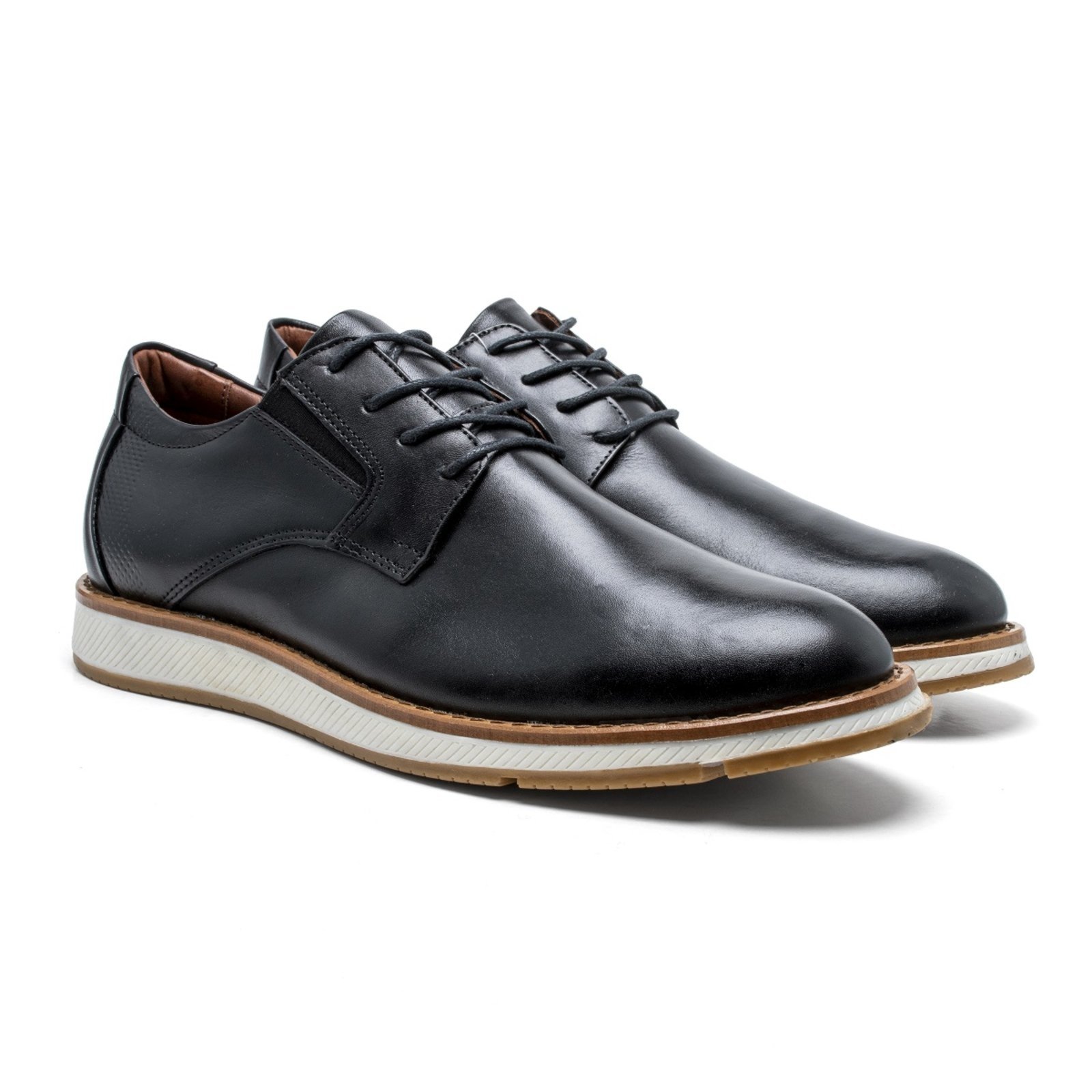 Sapato Casual Oxford Couro Masculino Forro Couro Ajuste Elástico Solado Costurado Borracha Preto