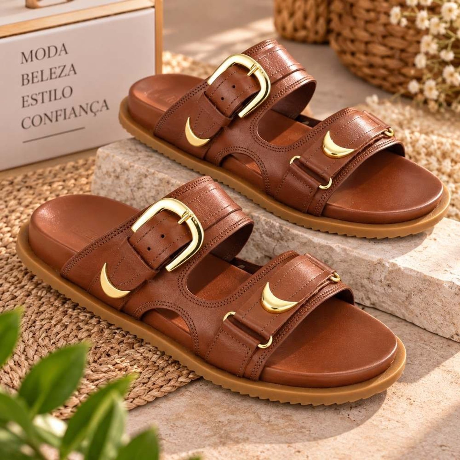 Sandália Papete Flatform Fivelas Acolchoada Feminina Tratorada em Couro Maria Paula Cedro