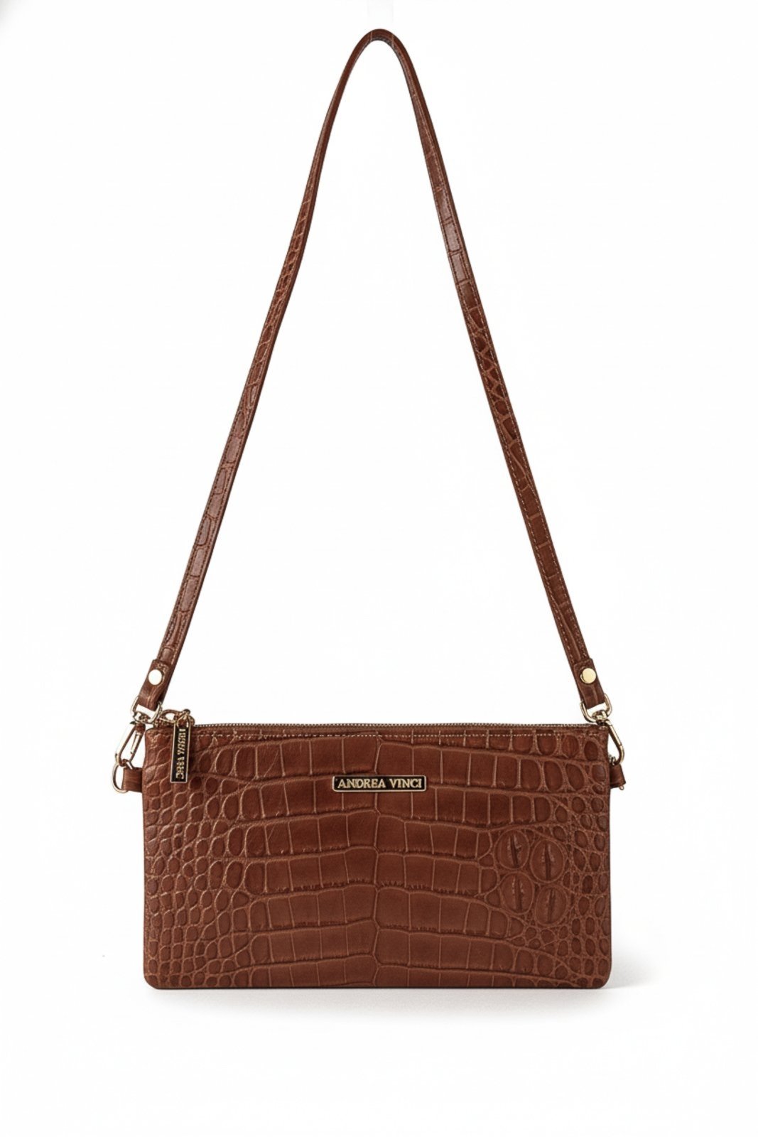 Bolsa transversal pequena de couro croco Tayná – Whisky