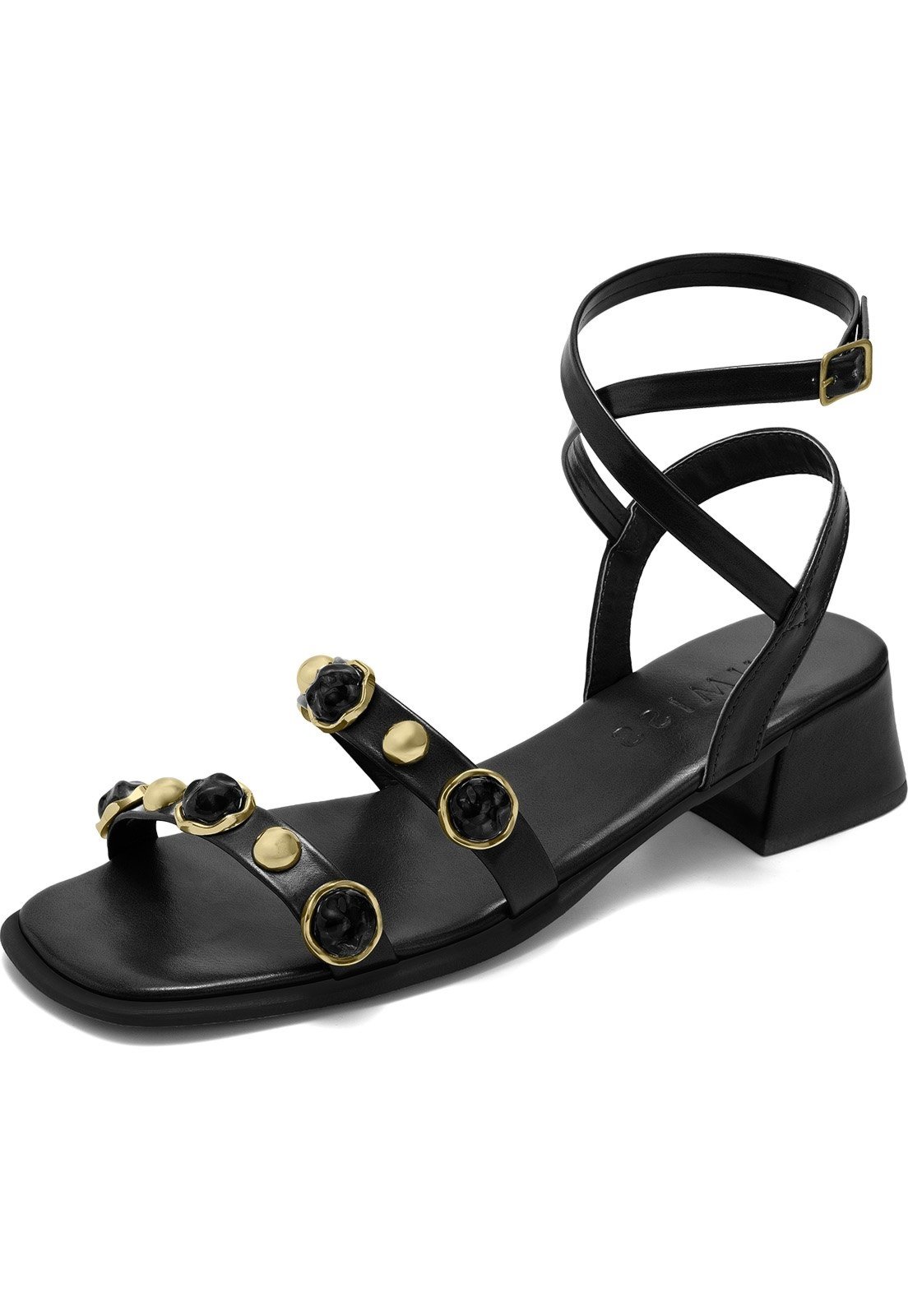 Sandália Feminina Lumiss Salto Bloco Baixo Confortável Bico Quadrado Pedras Tiras Casual Preto