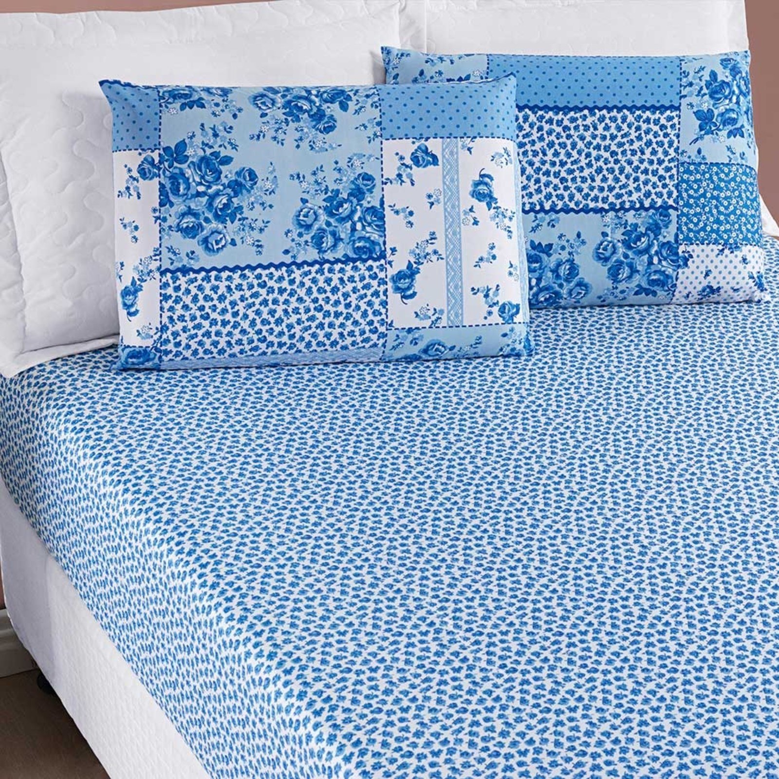 Jogo de Cama Lençol Casa Scarpa Dallas Solteiro Microfibra 2 Peças - Azul Sereno Patchwork