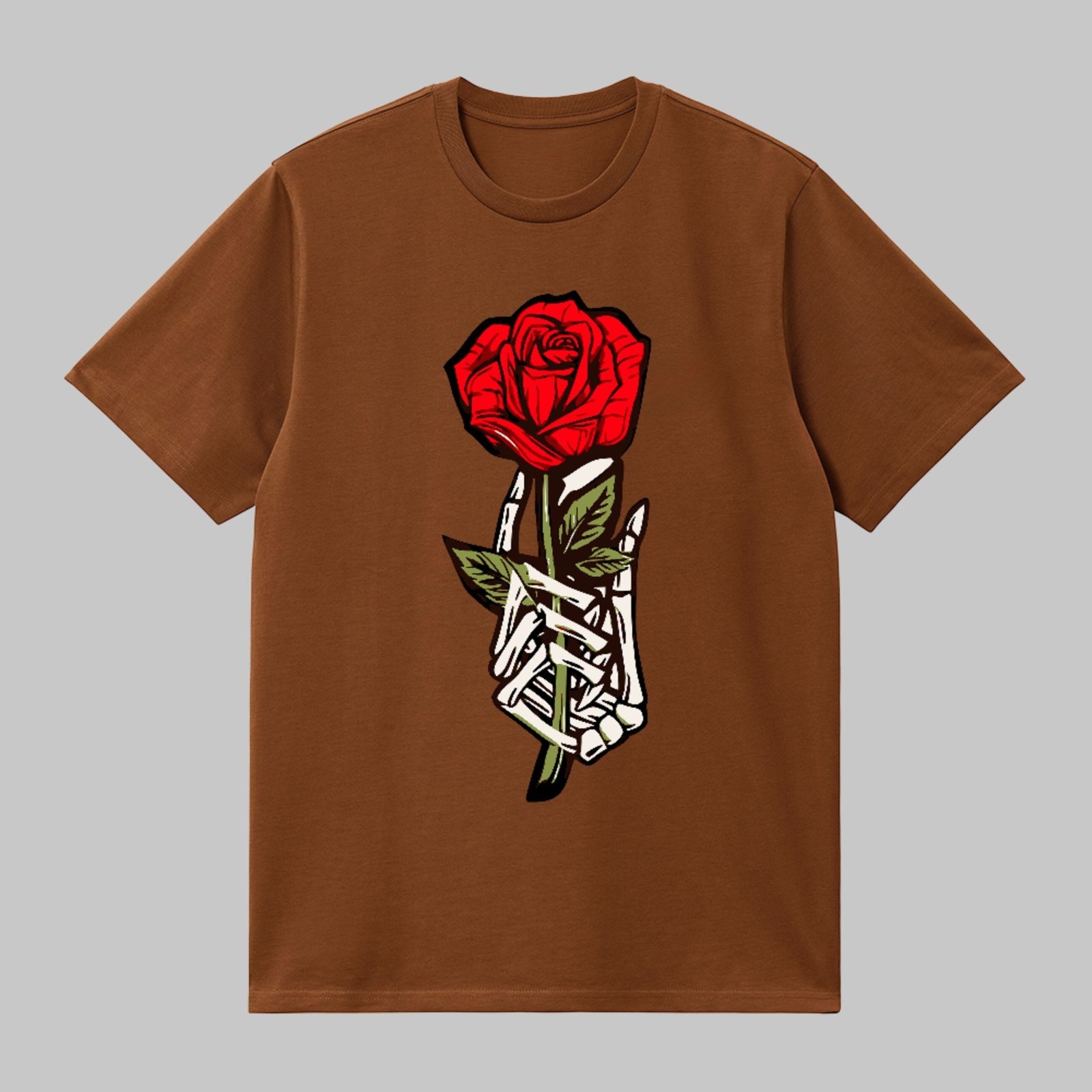 Camiseta Básica Red Rose Skeleton Hand Dark Aesthetic Style Marrom