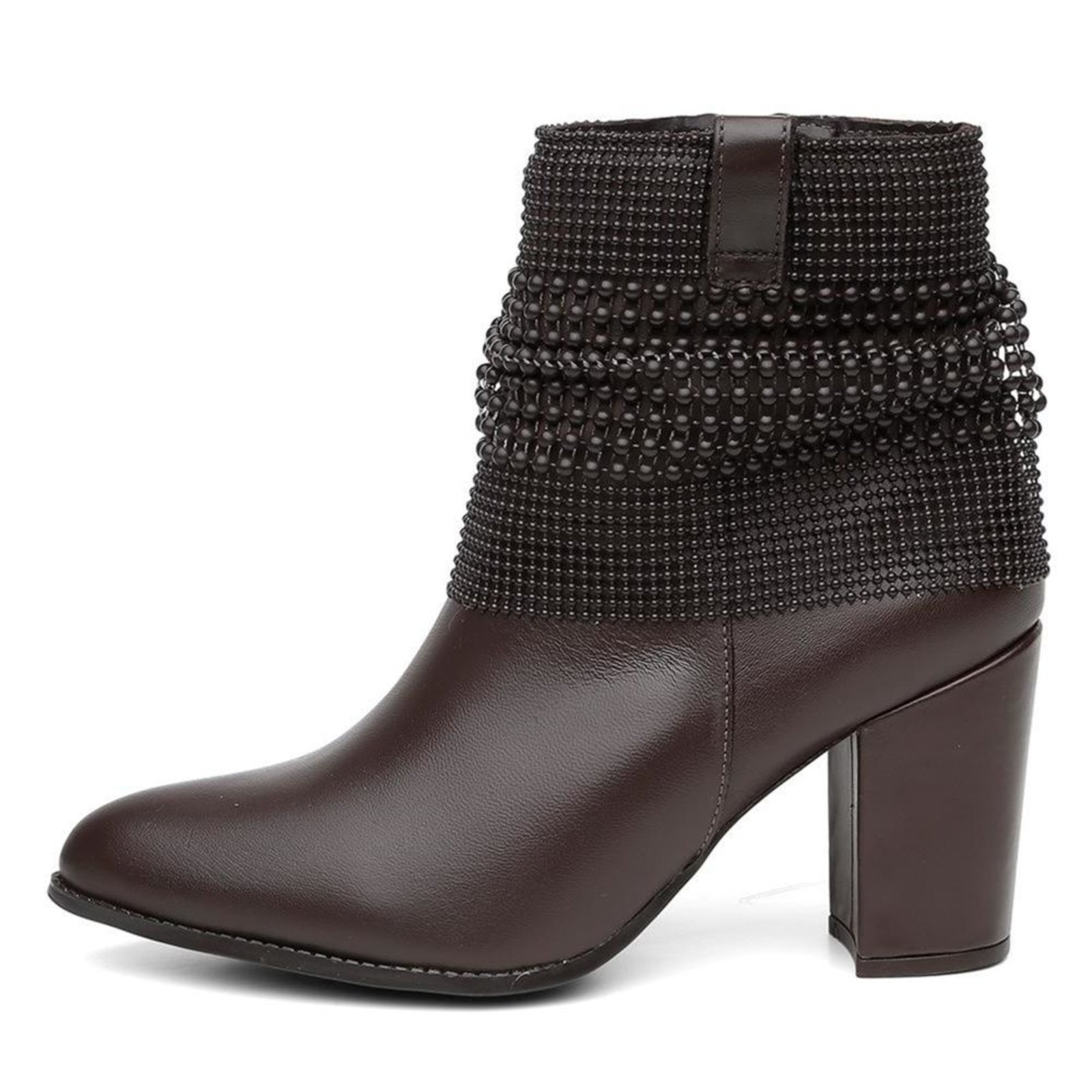 Bota Couro Malha Metal Black Lisa Bico Fino Cano Curto Salto Café
