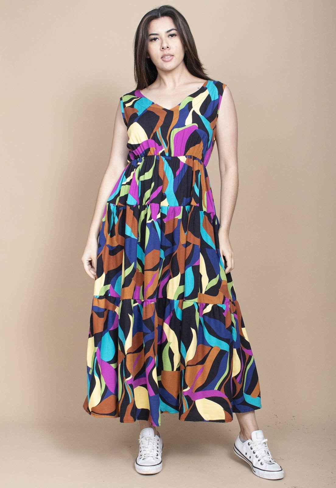 Vista 2 Vestido Cabanafree Regata Longo Peri Viscose Camadas Estampa Aurora Urbana Cabanafree azul/estampado/preto/rosa/verde