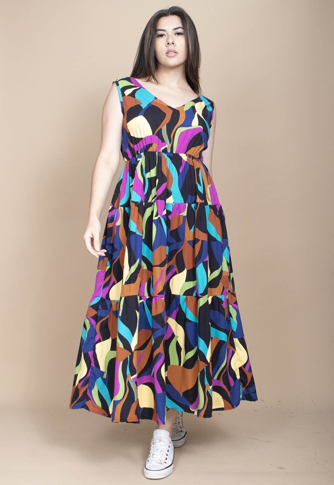 Vista 3 Vestido Cabanafree Regata Longo Peri Viscose Camadas Estampa Aurora Urbana Cabanafree azul/estampado/preto/rosa/verde