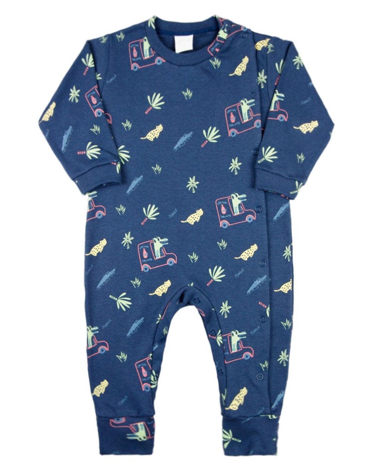 Infantil – Macacão Menino Suedine Estampado Algodão Manga Longa Comprido Jacaré – Marinho