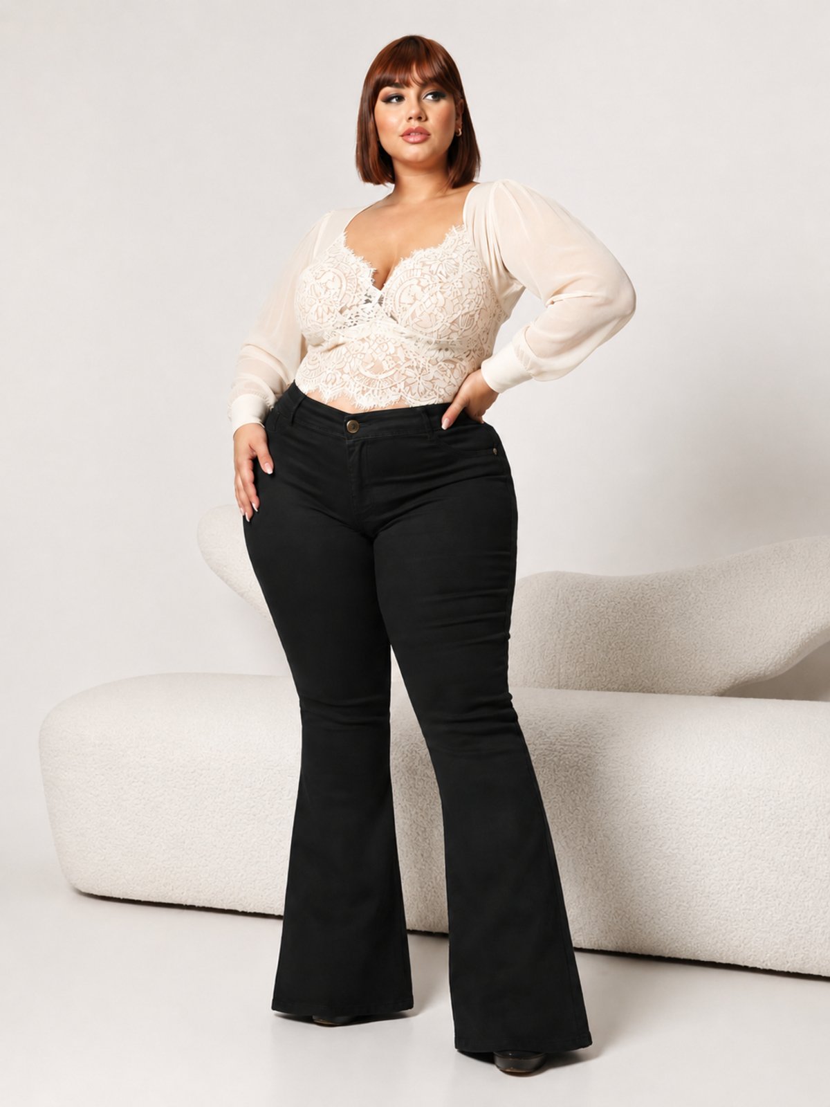 Calça Donna De Paula Flare Preta Boca De Sino Plus Size Cintura Alta Empina Bumbum
