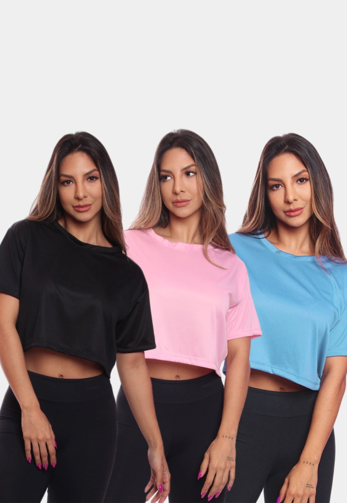 Kit 3 Cropped Manga Curta Feminino Dry Proteção UV Blusa Blusinha Academia Treino Rosa/Azul