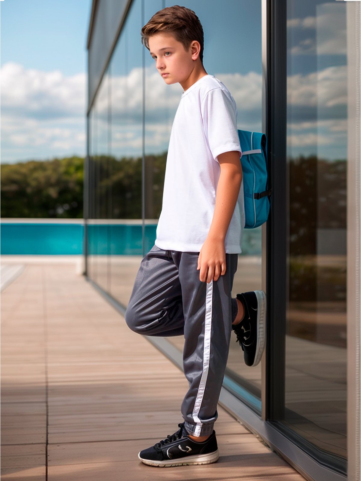 Vista 3 Infantil - KIT 3 Calça Jogger Frent`s Tecido Helanca Flanelada com Faixa Lateral Inverno Frent's azul/cinza/grafite/preto Frent's azul/cinza/grafite/preto