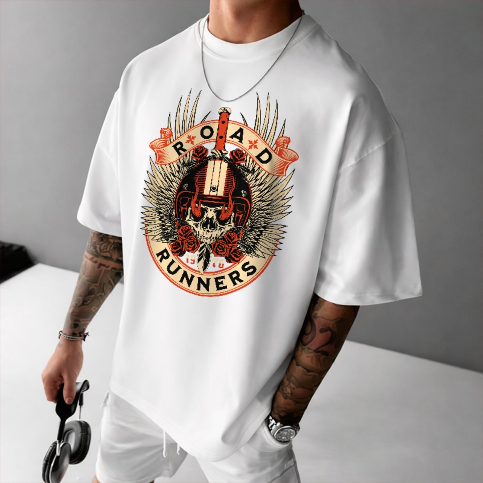 Camiseta Oversized Premium Road Runners Biker Skull Motorcycle Unissex Branco
