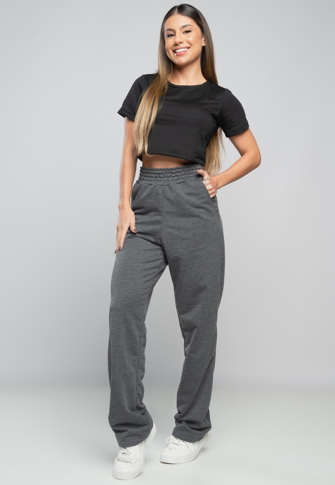 Calça MVB Modas Pantalona Flare Franzida Wide Leg Moletinho Cinza