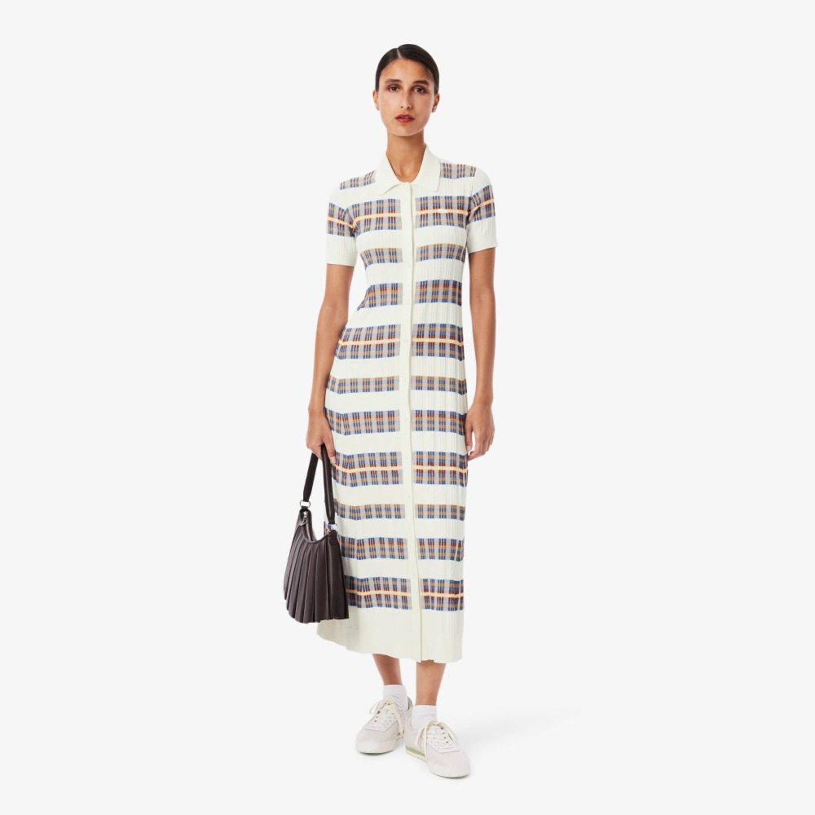 Vestido de Colarinho Polo de Malha Canelada Branco
