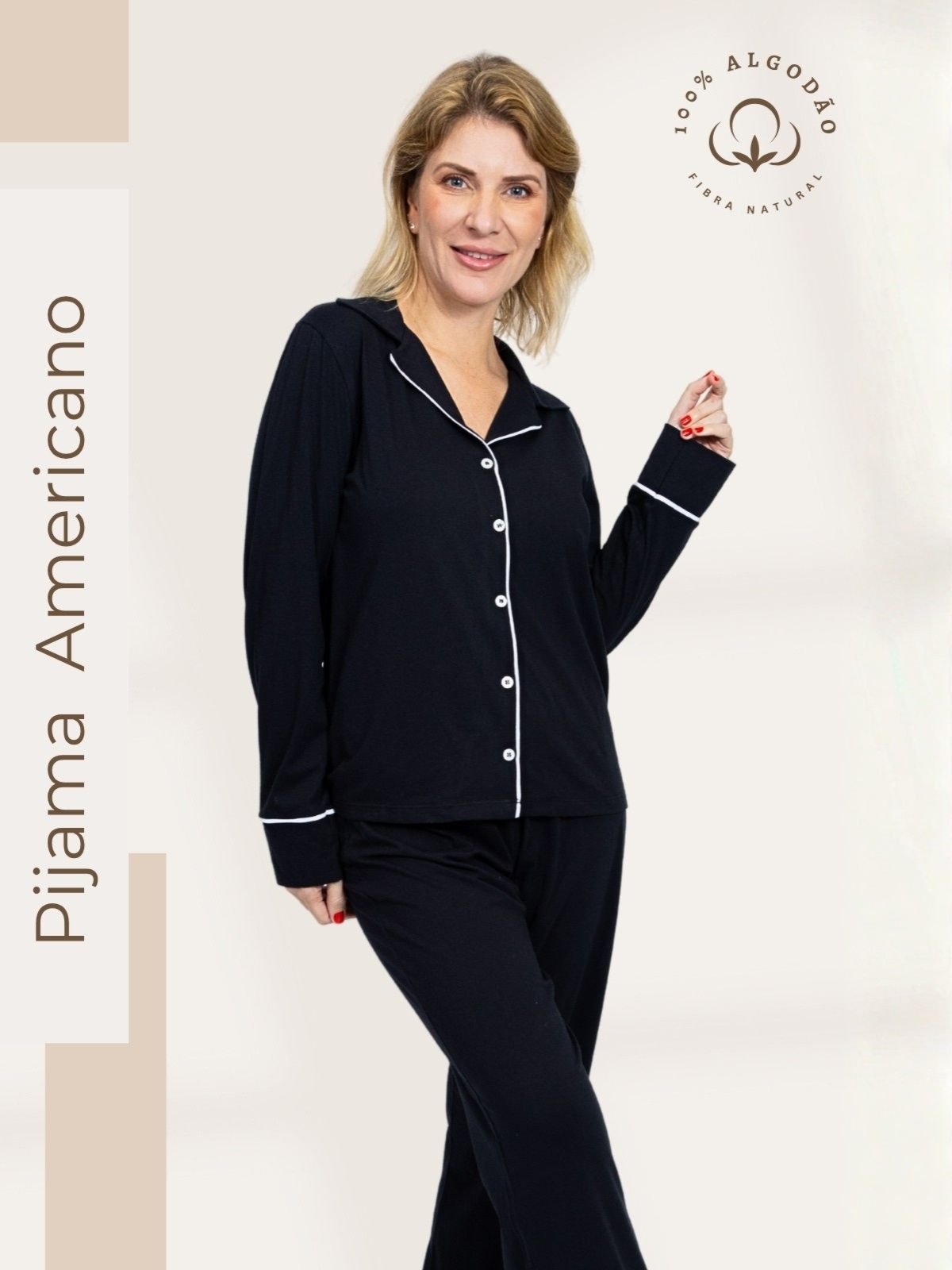 Pijama Algodão Americano Longo Feminino Fernanda – Preto