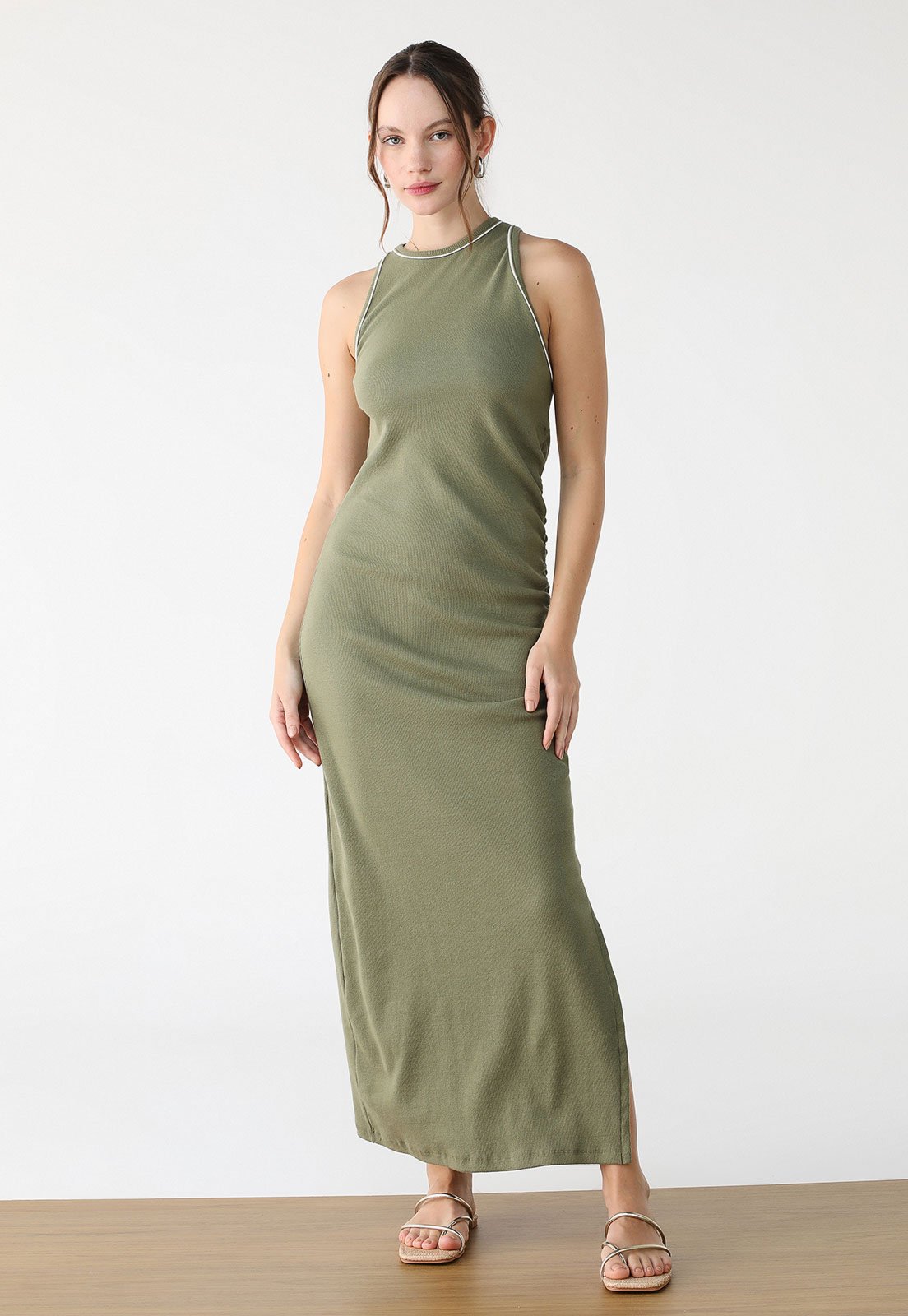 Vestido Canelado FARM Longo Recorte Verde