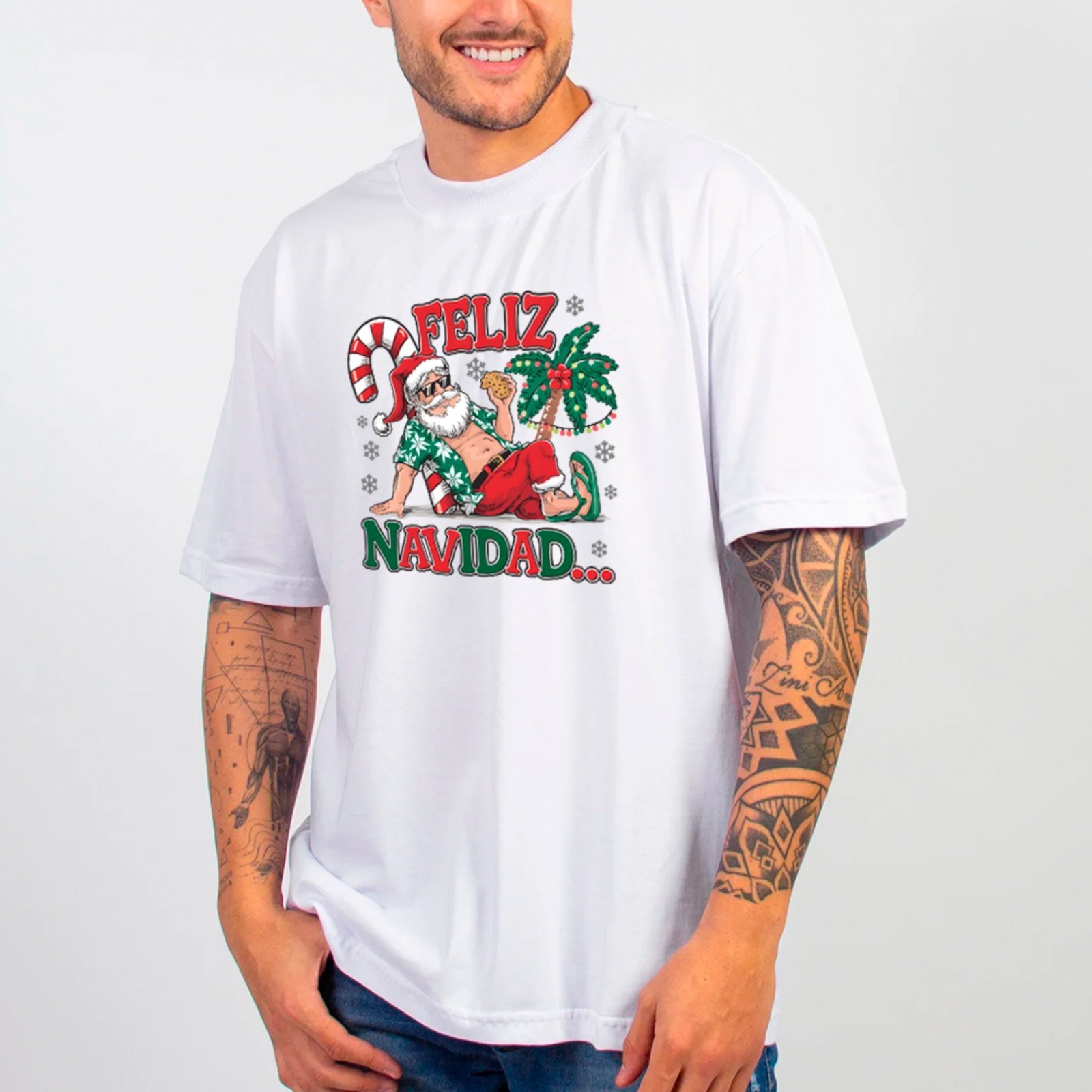 Vista 2 Camiseta Ousy Oversized Feliz Navidad Noel Praia Unissex branco ousy branco