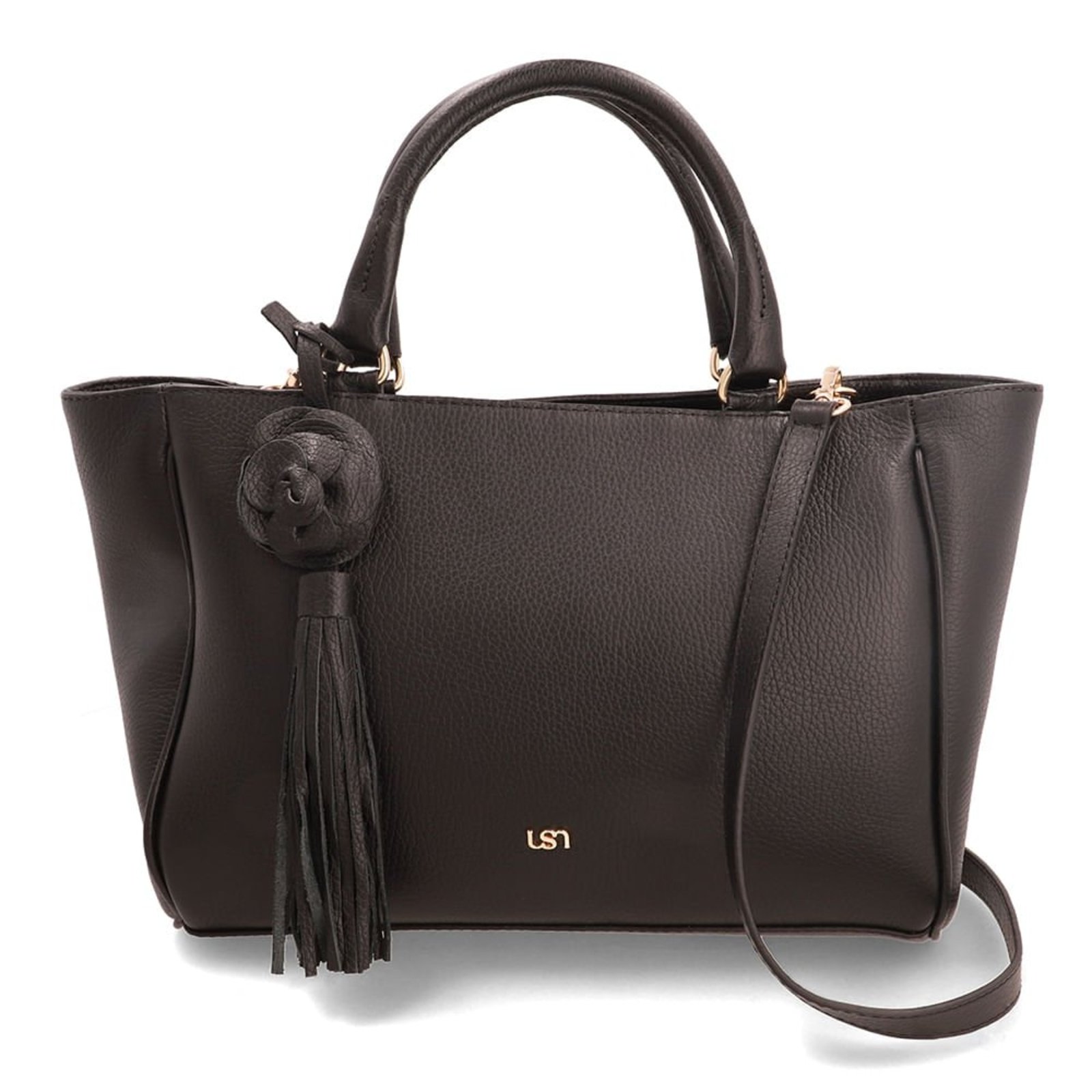 Bolsa Tote Couro Preta Com Charm Flor
