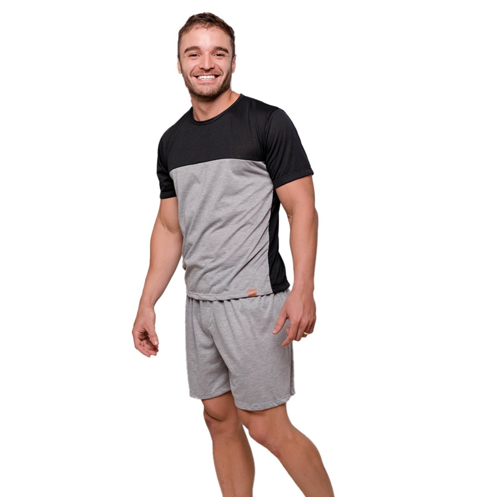 Pijama Diones Camiseta e Shorts Para Descanso Masculino Preto e Cinza