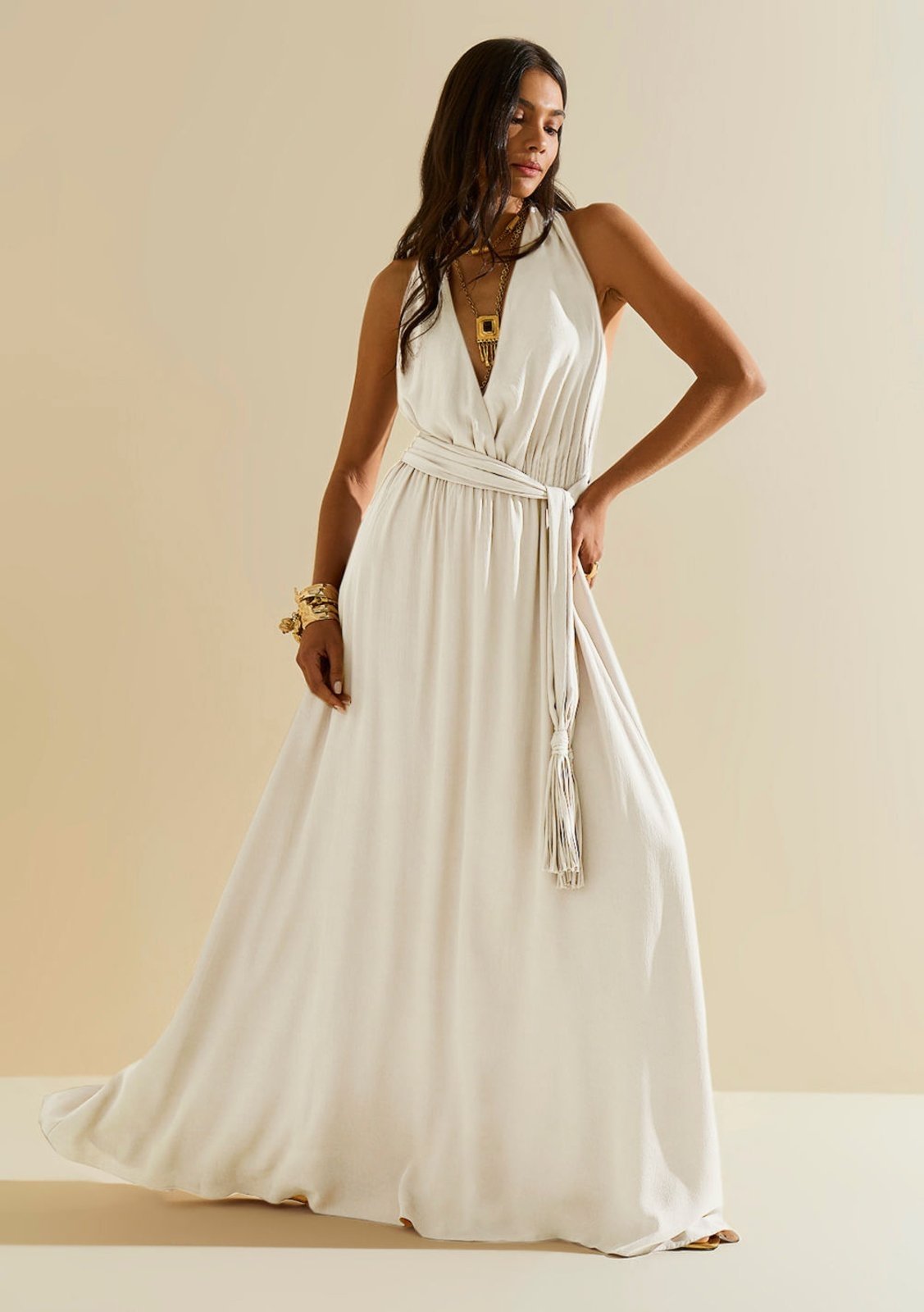 Vestido Morena Rosa Ajustado Decote Transpassado Sem Manga Longo Off-white