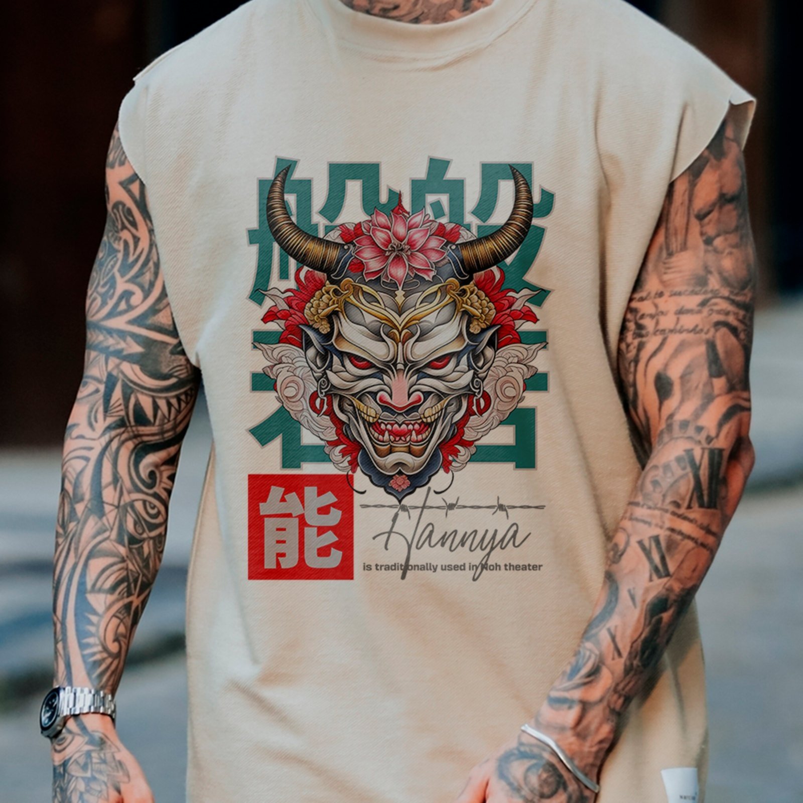 Camiseta Regata Machão Máscara Oni Japão Oriental Hannya Estilo Urbano Off White