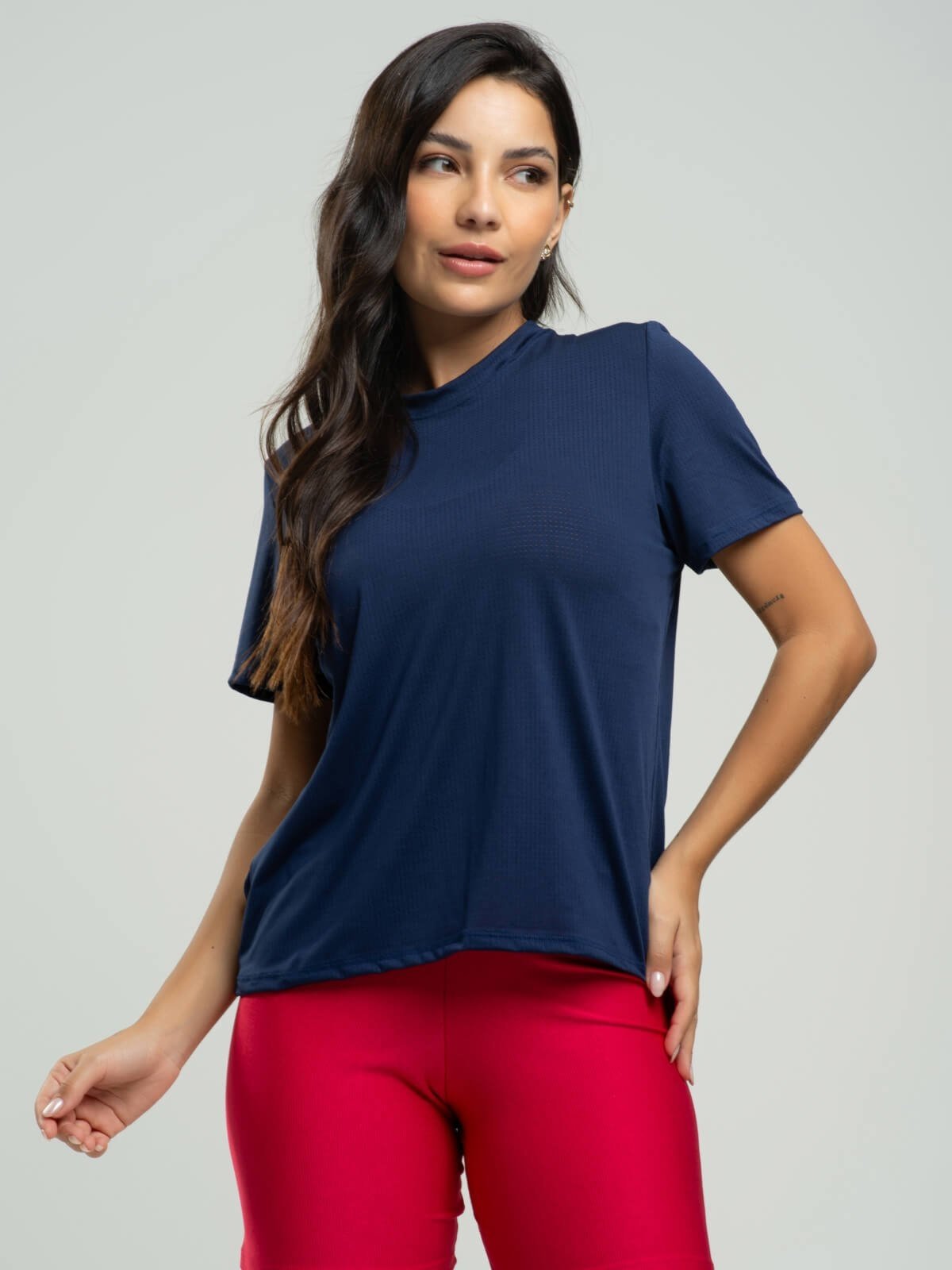 Blusa Feminina Manga Curta Fitness Tecido DryFit Vicbela Azul Marinho