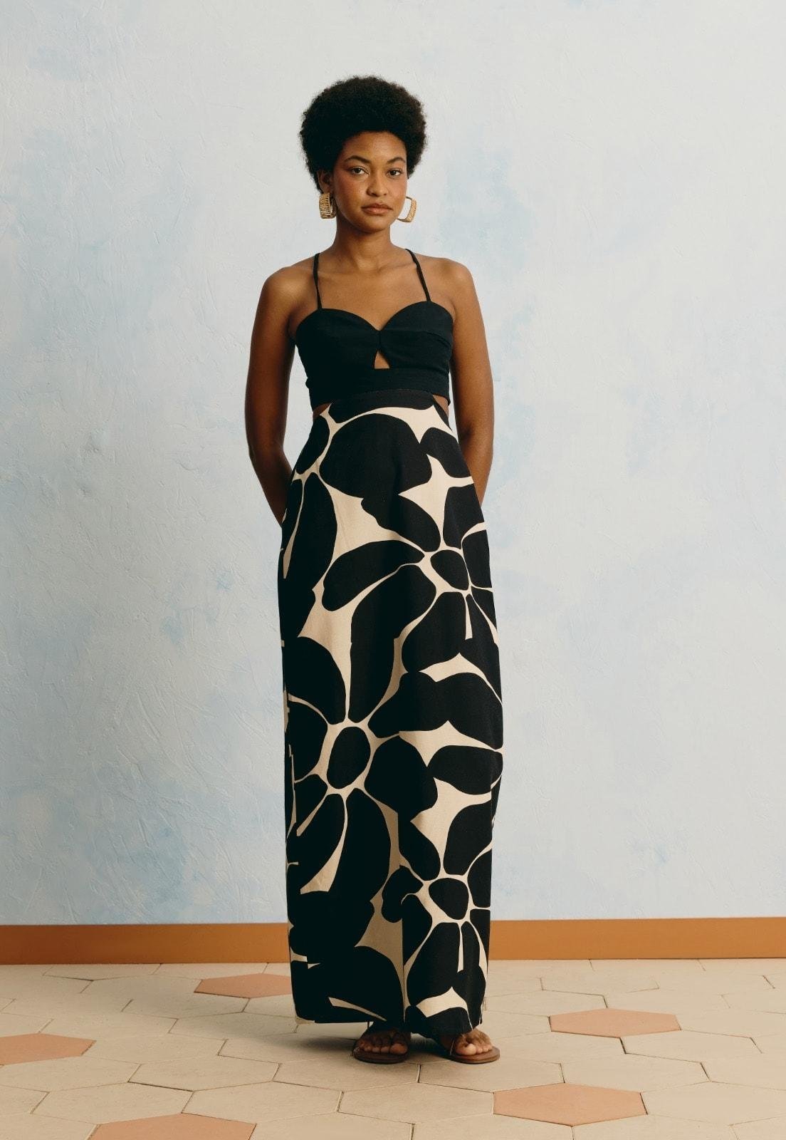 Vestido Longo Estampado Aurora Floral Preto