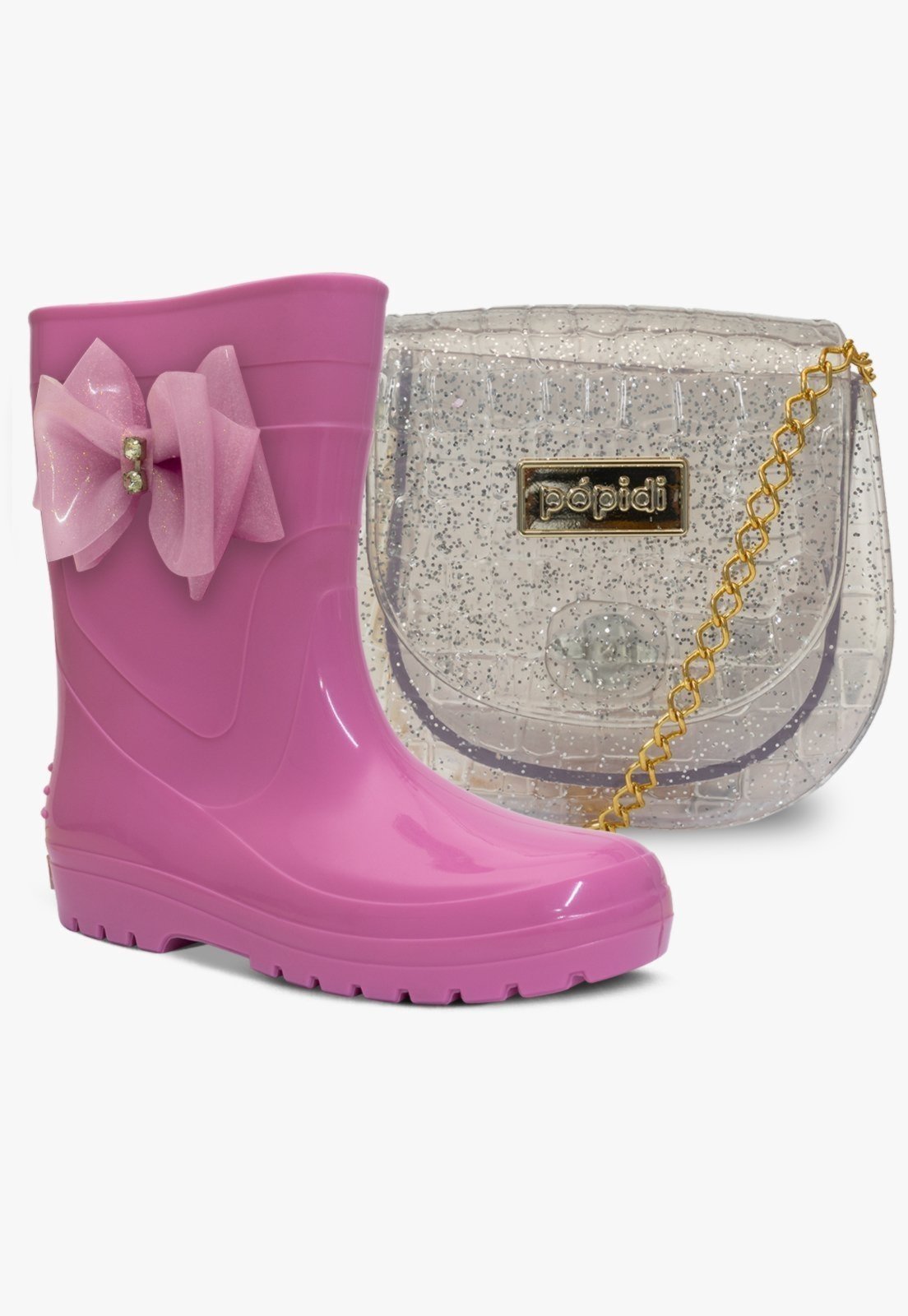 Infantil – Kit Bolsa e Bota Galocha Feminina Pópidi Menina Laço Glitter Rosa e Prata