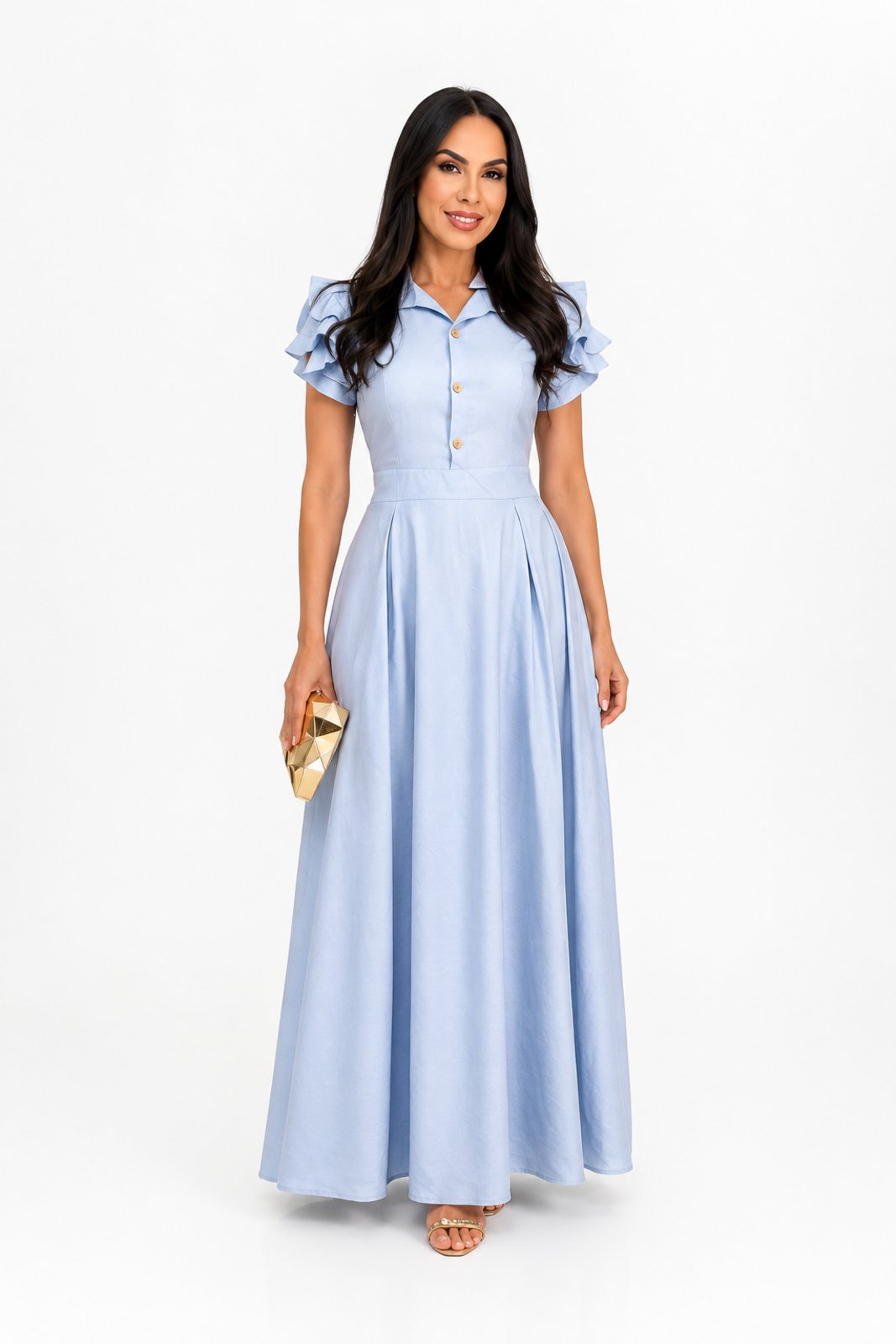 Vestido Longo Feminino D Bell Outlet Fashion Com Botão Azul