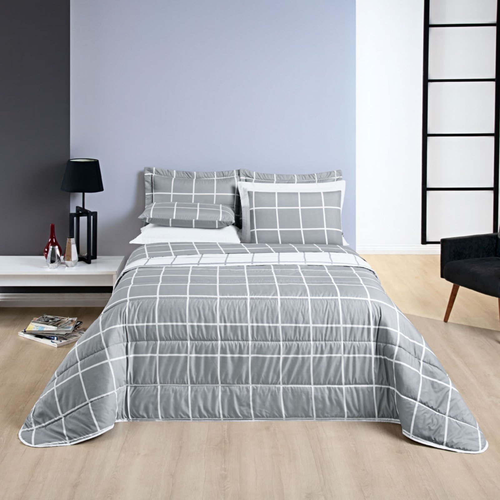 Kit Cobre Leito Colcha Casa Scarpa Brooklyn Casal Quadriculado Micropercal 200 Fios 3 Peças - Cinza