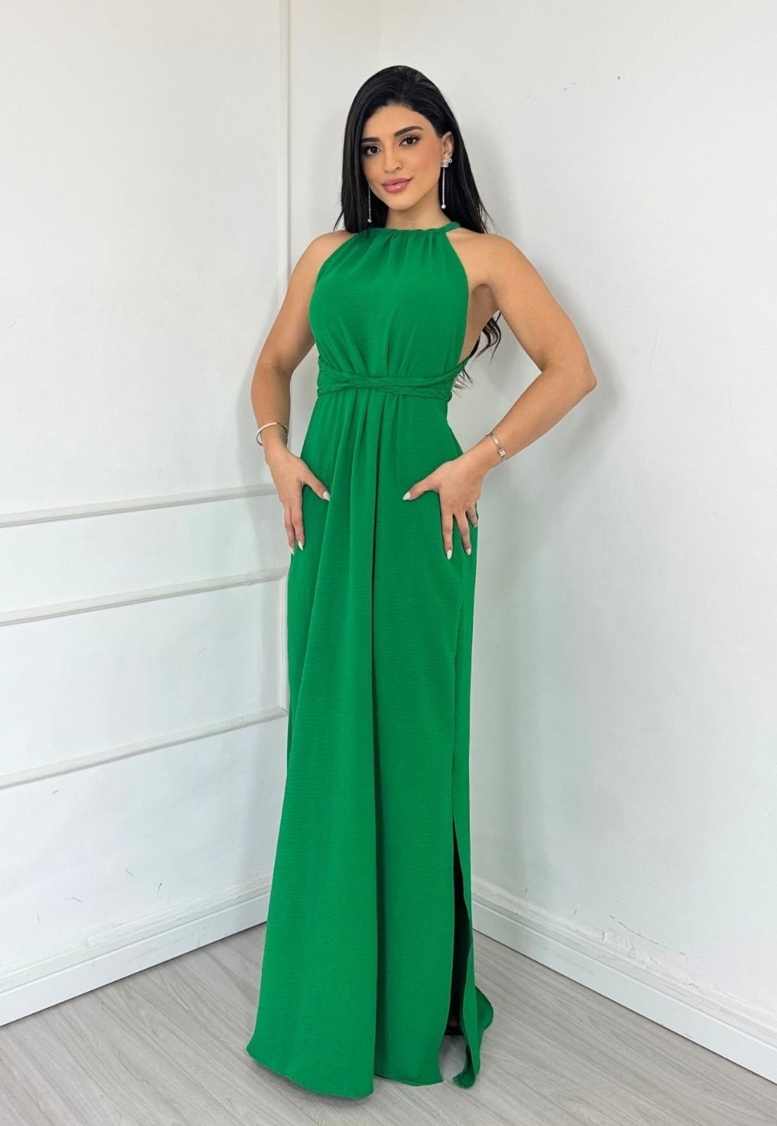 Vestido Longo Frente Única Amarração Esther Verde