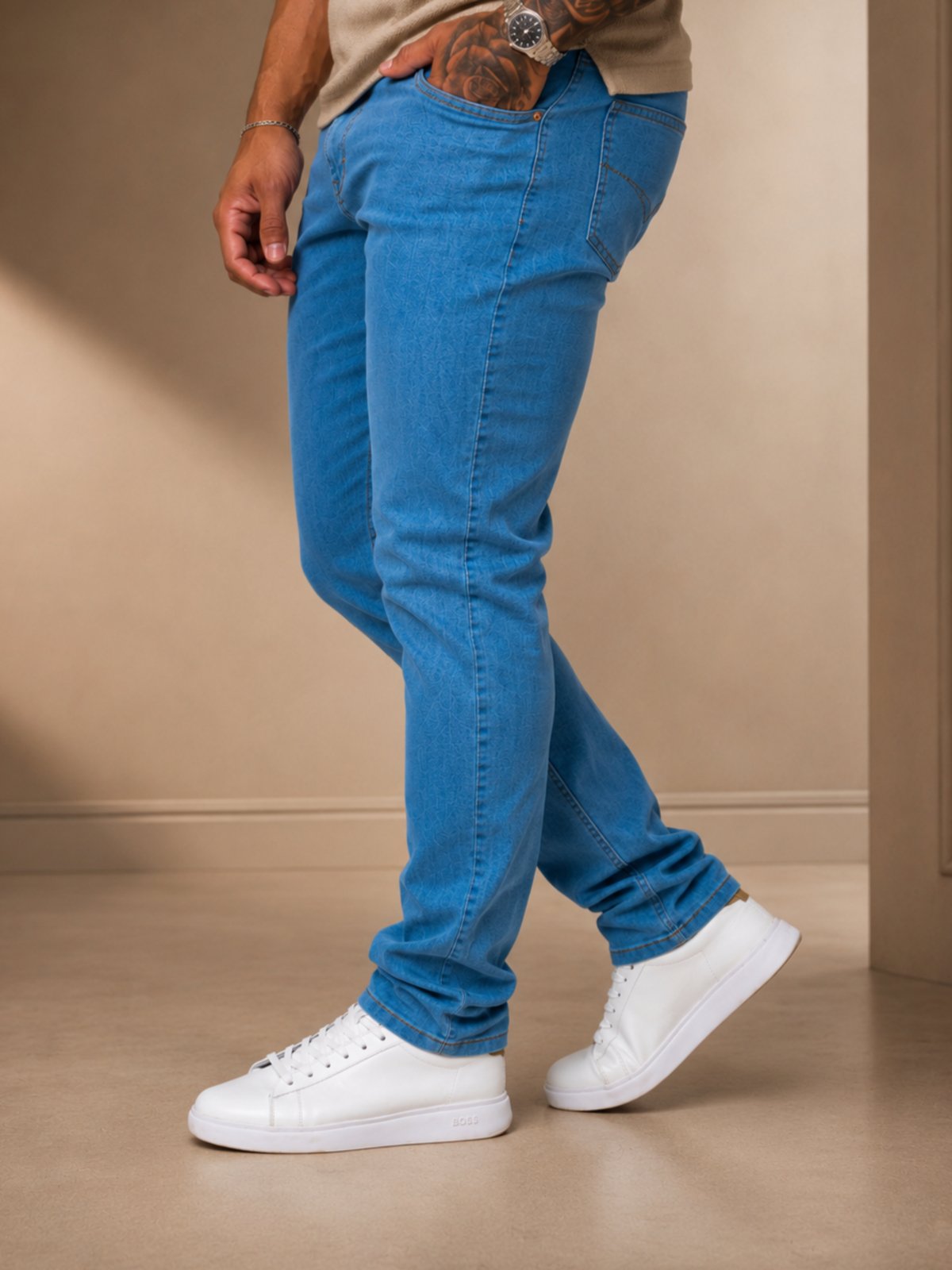 Calça Jeans Masculina Purple Jeans Slim Fit Premium Stretch Conforto e Elegância Azul Médio