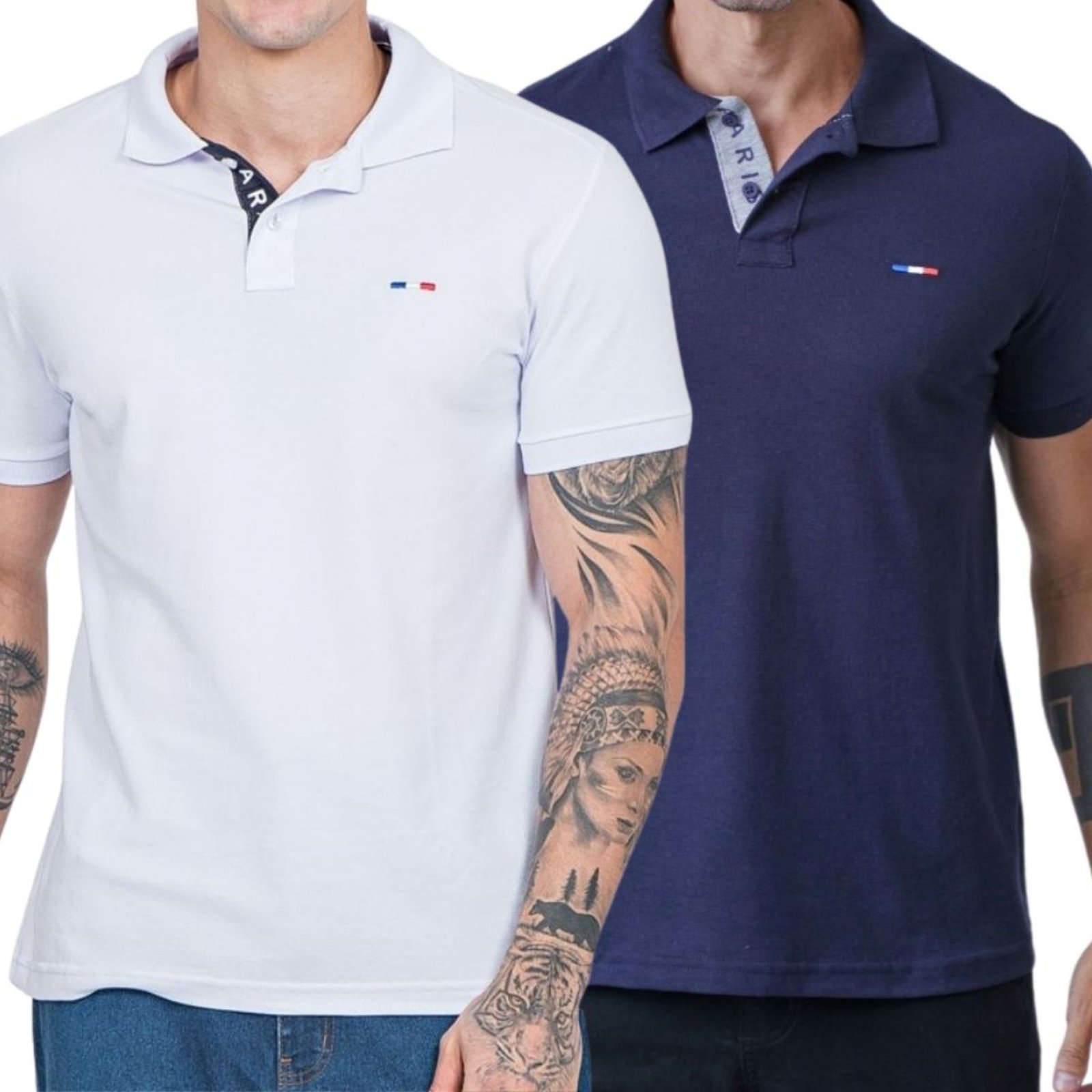 Vista 2 Kit 2 Polos Masculina Básicas FMF e Marinho Piquet no Estilo Tommy Bordado França branco FMF branco