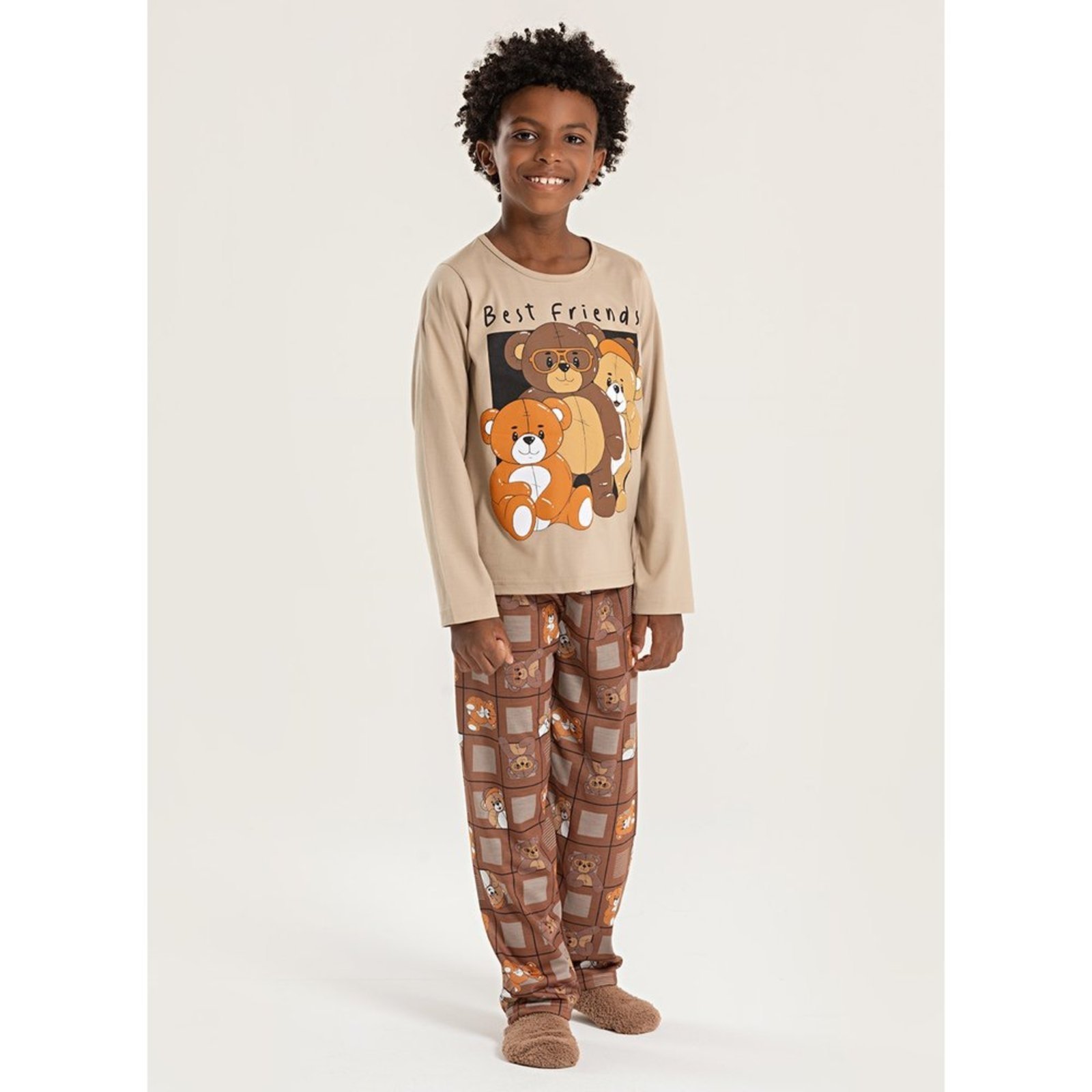 Pijama Longo Menino Bege Blusa e Calça Ursinhos Amigavéis