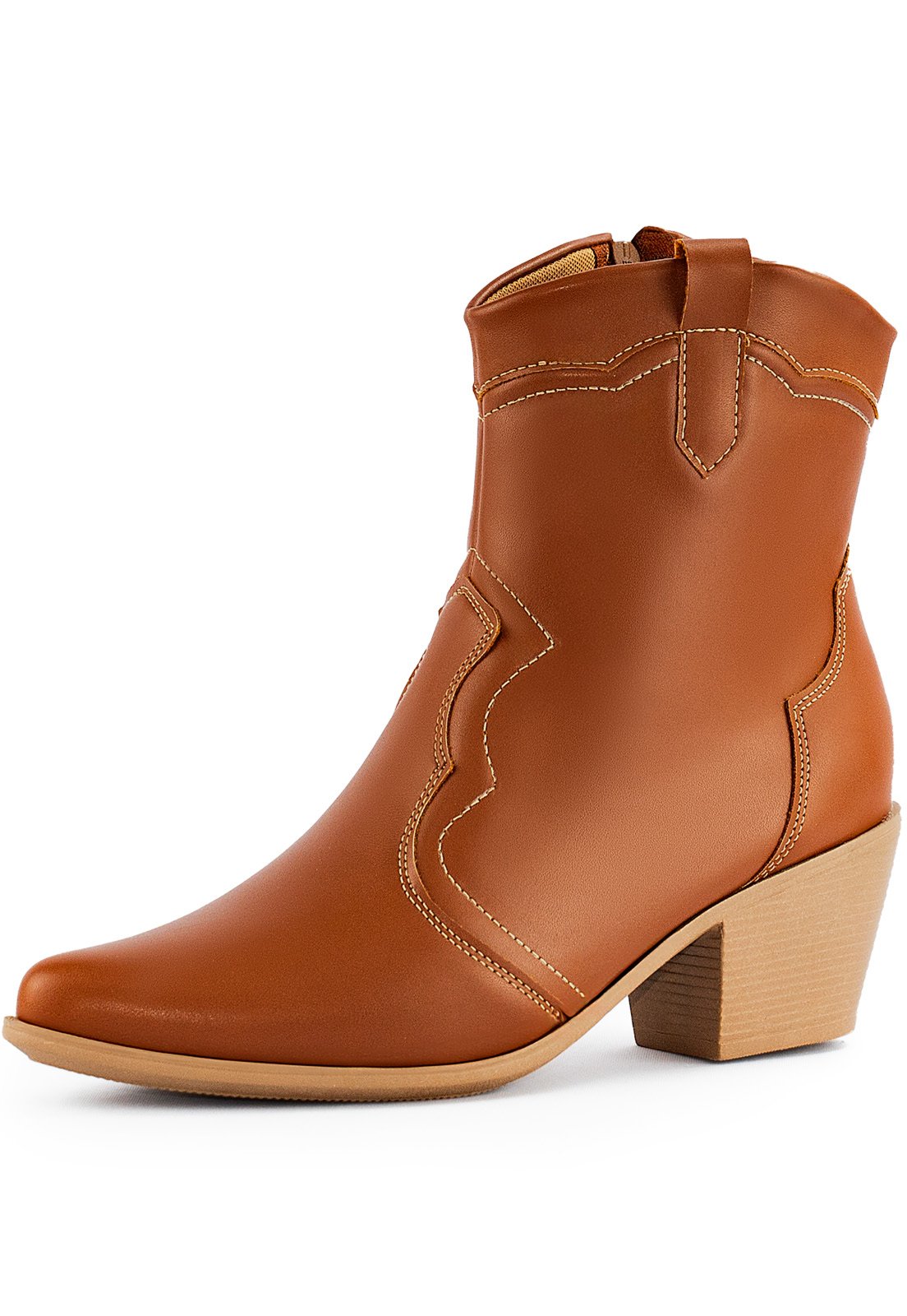 Bota Feminina Western Lumiss Texana Confortável Country Cano Curto Salto Grosso Rodeio Bico Fino Caramelo