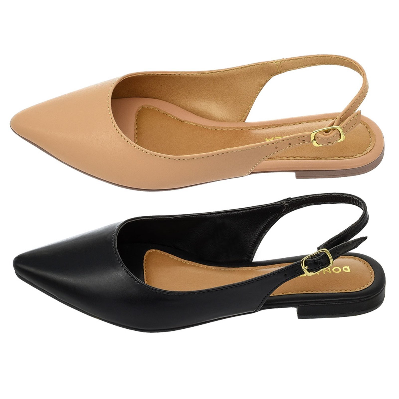 Kit 2 Pares Mule Feminino Sapatilha Bico Fino Donatella Shoes Rasteira Slingback Lisa Clássica Preto e Nude