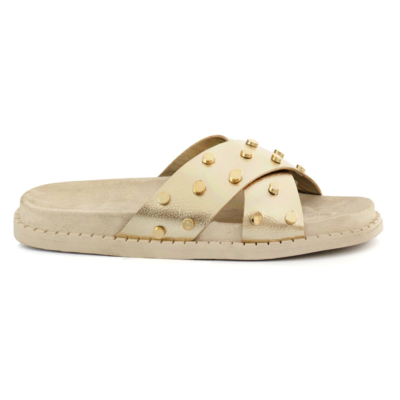 Sandália Papete Flatform Rasteirinha Enfeite Metal Brilho Metalizado Dourado