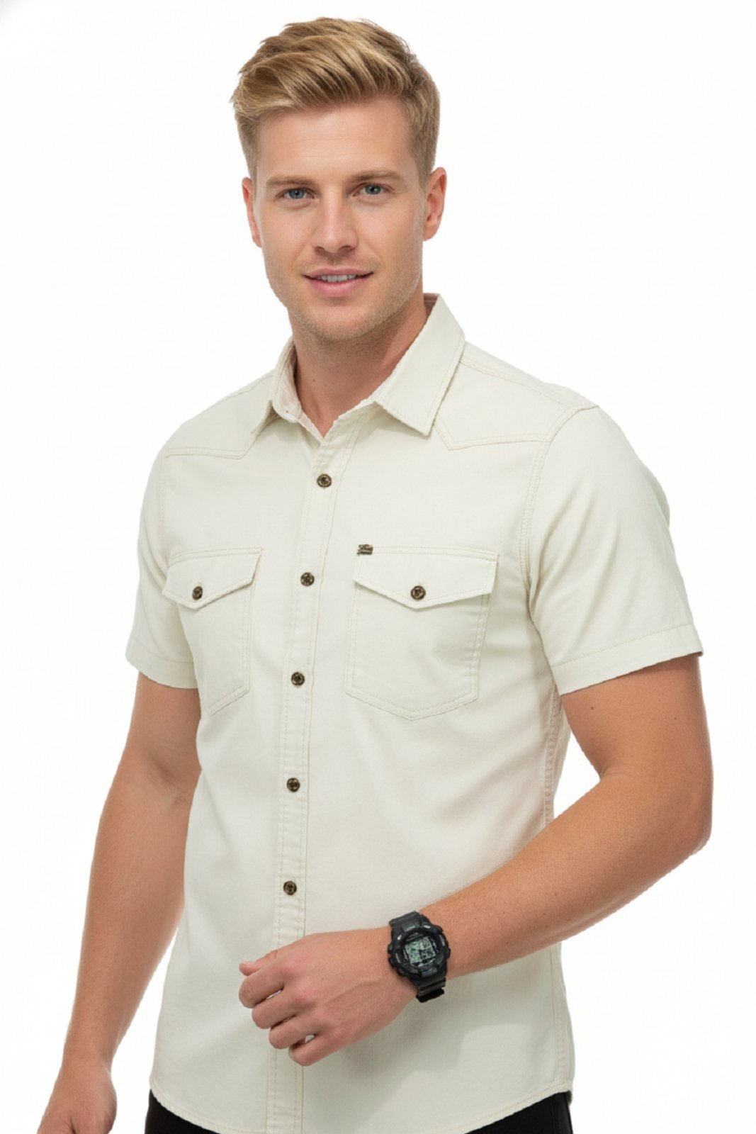 Camisa Manga Curta Amil Modelagem Comfort Algodão Estilo Militar Areia 1901 7