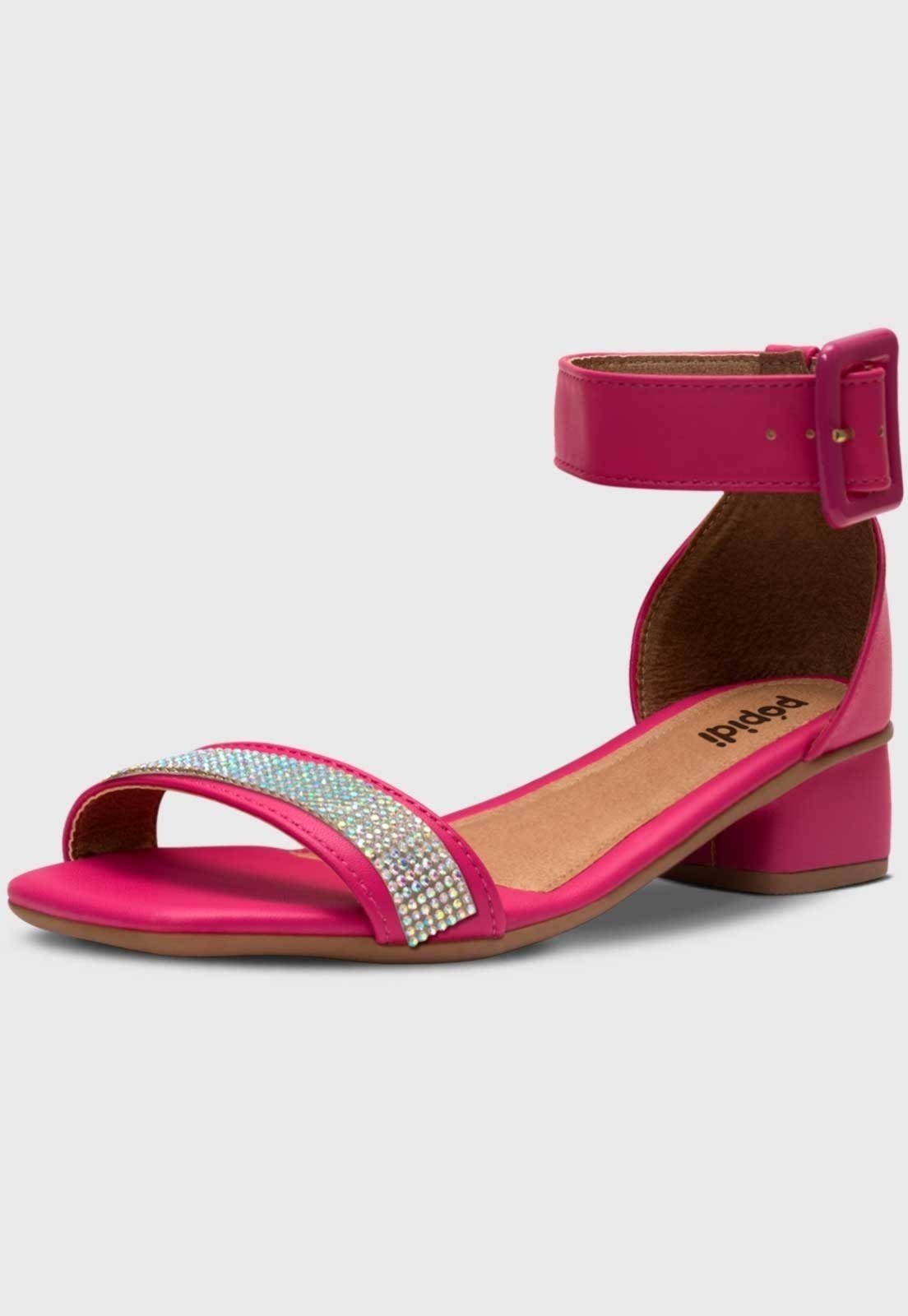 Infantil – Sandália Feminina Pópidi Menina Salto Grosso Brilho Pink