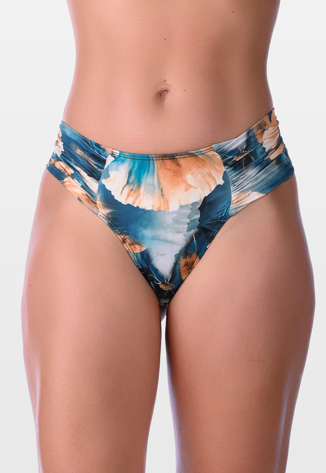 Calcinha de Biquíni Summer Soul Fio Dental Duplo Franzido Lateral Floral Azul