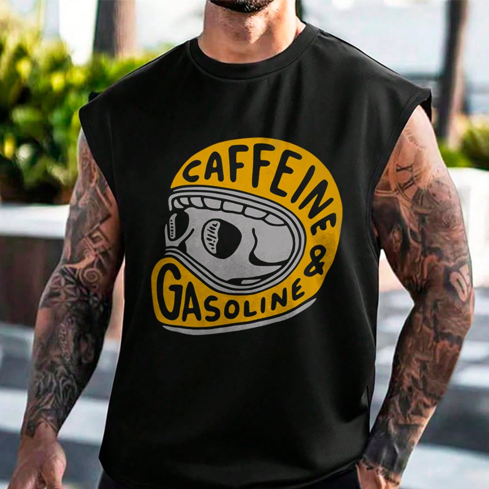 Camiseta Regata Machão Moto Caffeine Gasoline Vintage Streetwear Preto