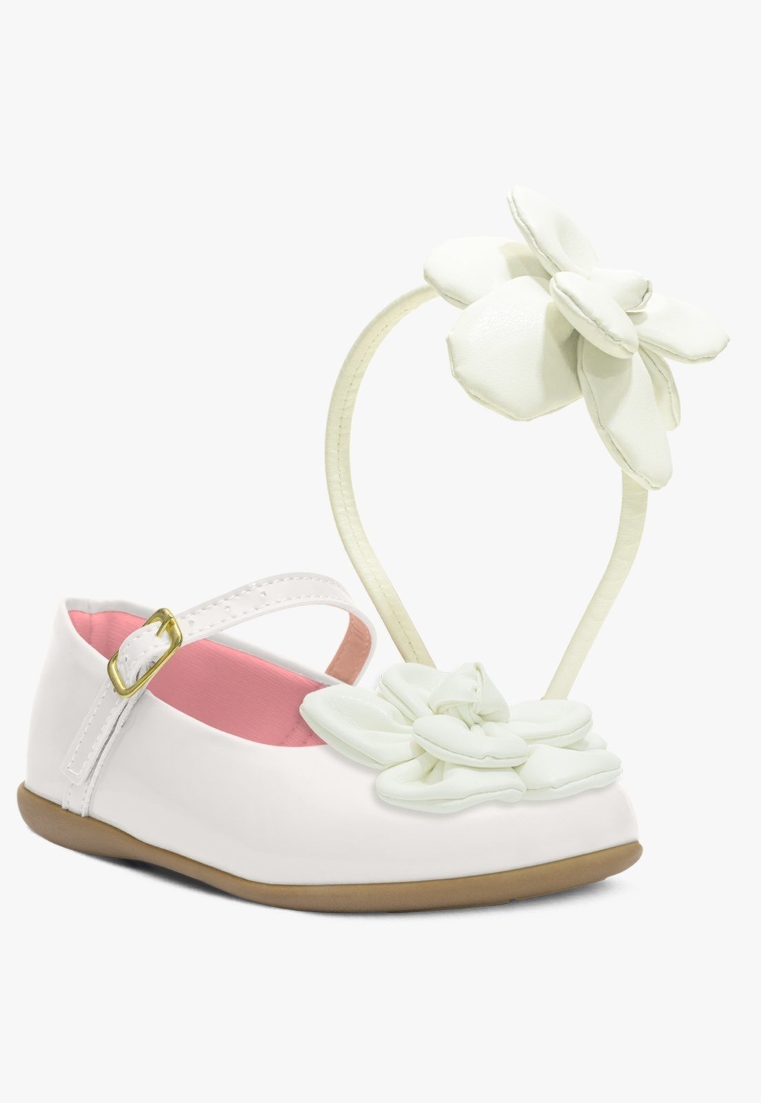 Infantil – Kit Tiara e Sapatilha Rasteira Feminina Pópidi Petala Flor Branco