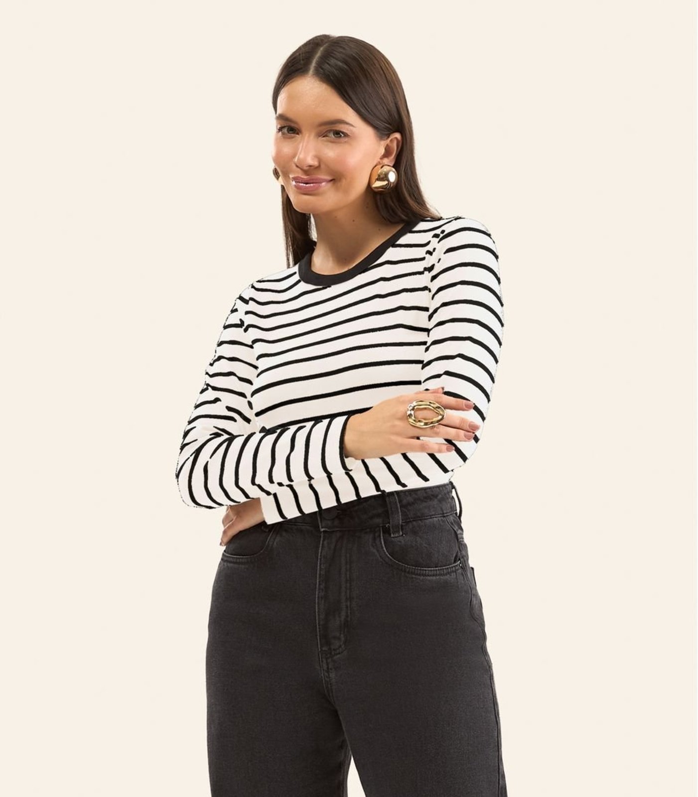 Blusa Manga Longa Feminina Listrada Plus Rovitex Bege