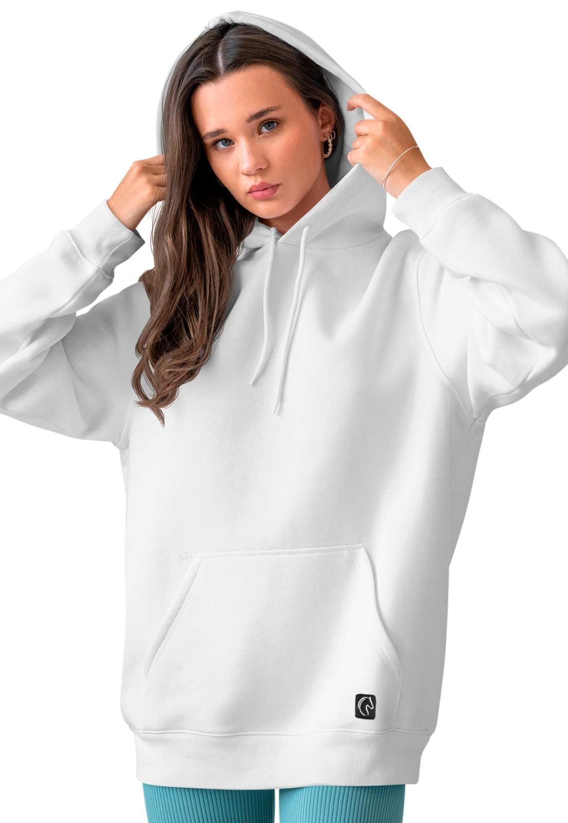 Blusa De Frio Feminina W2 Moletom Liso Com Capuz e Bolso Canguru Felpado Branco