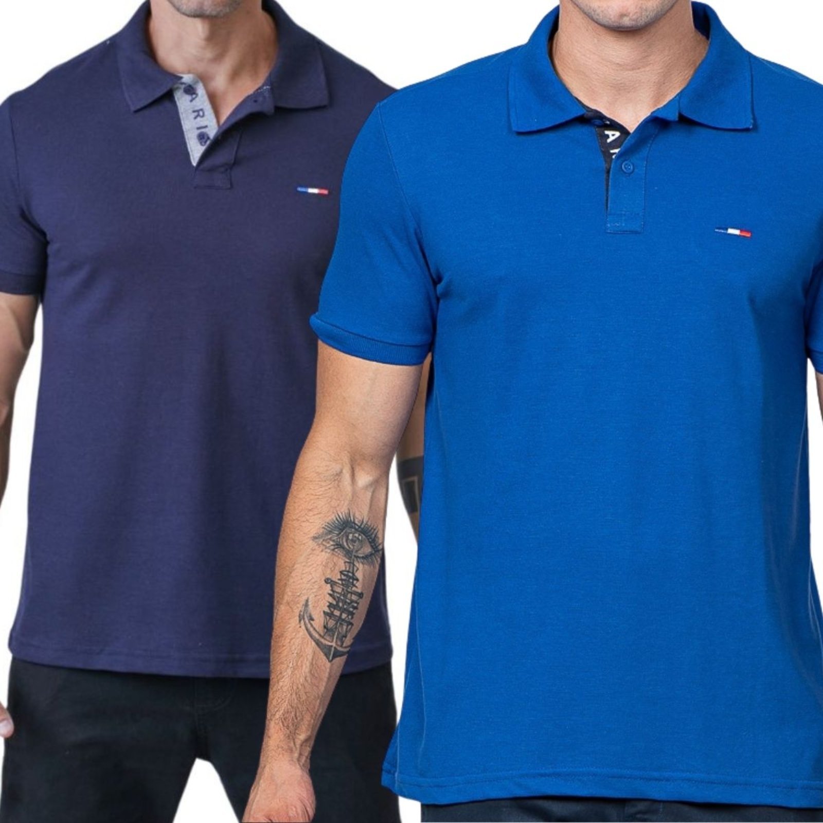 Kit 2 Polos Masculina Básicas FMF Marinho e Royal Piquet no Estilo Tommy Bordado França