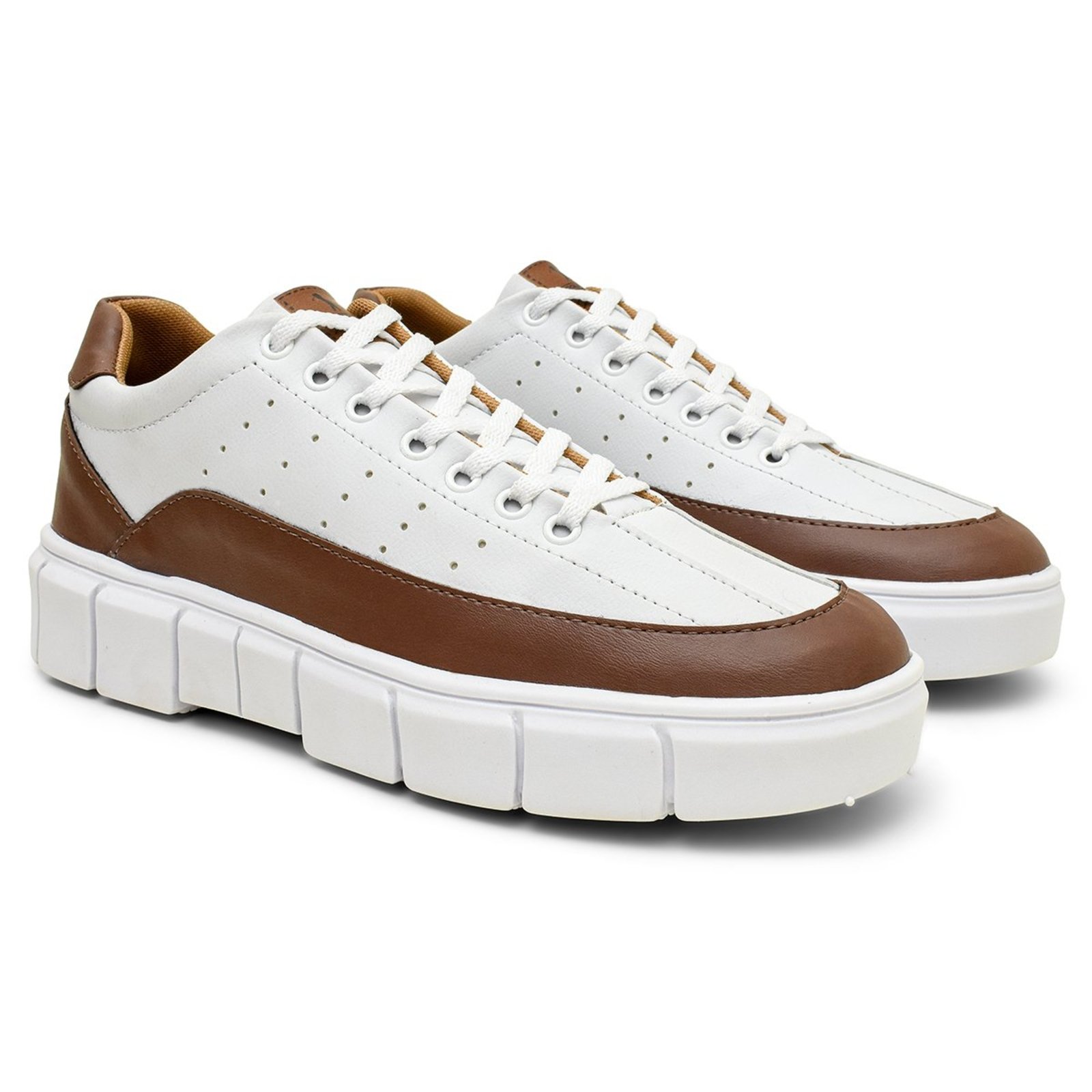 Sapato Tenis Masculino Sola Alta 5CM Oversize Flat Branco Marrom