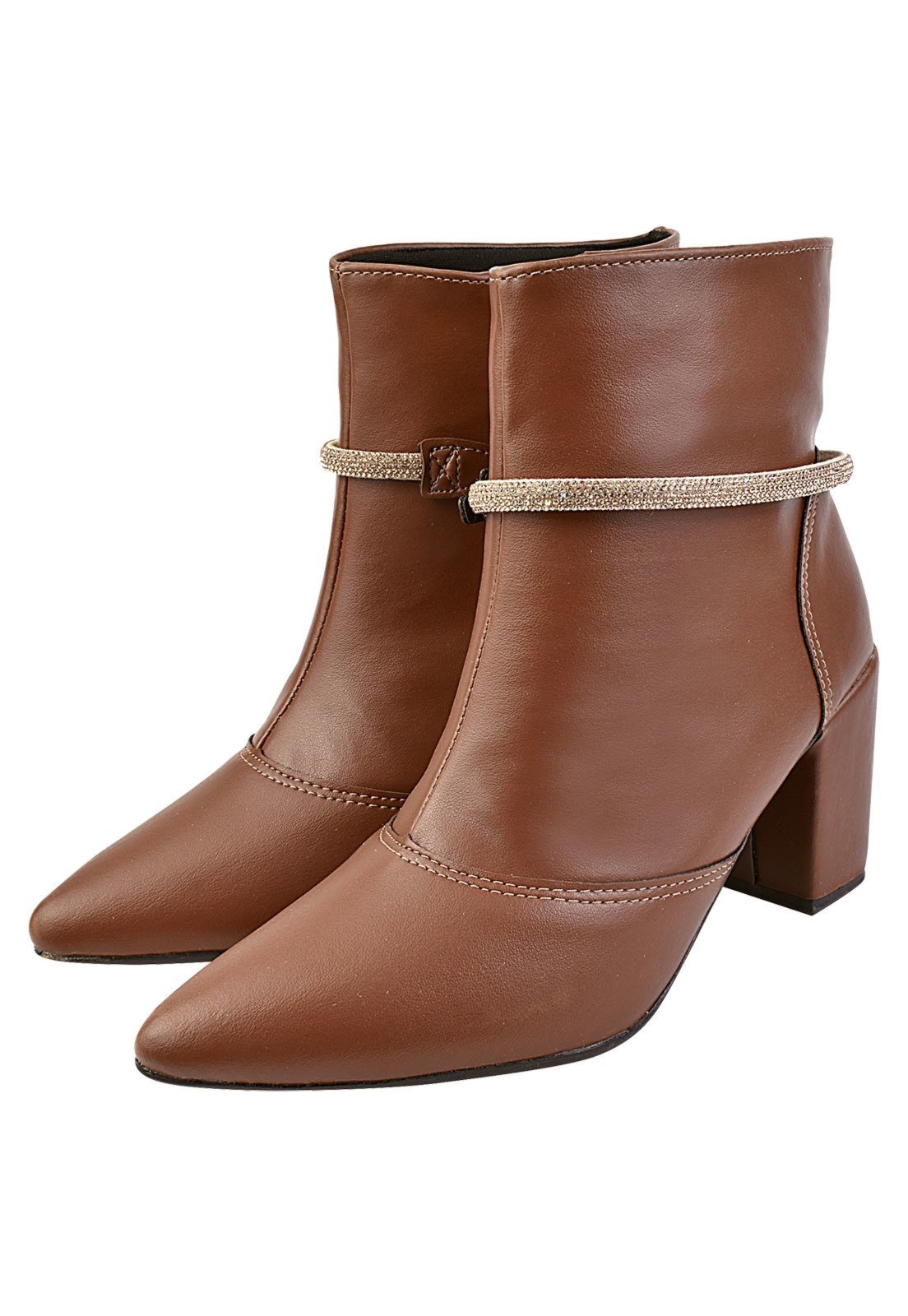 Bota Cano Curto Rosa Chic Calçados Bico Fino Salto Alto Enfeite Strass Brilho Removível Zíper Feminino Caramelo