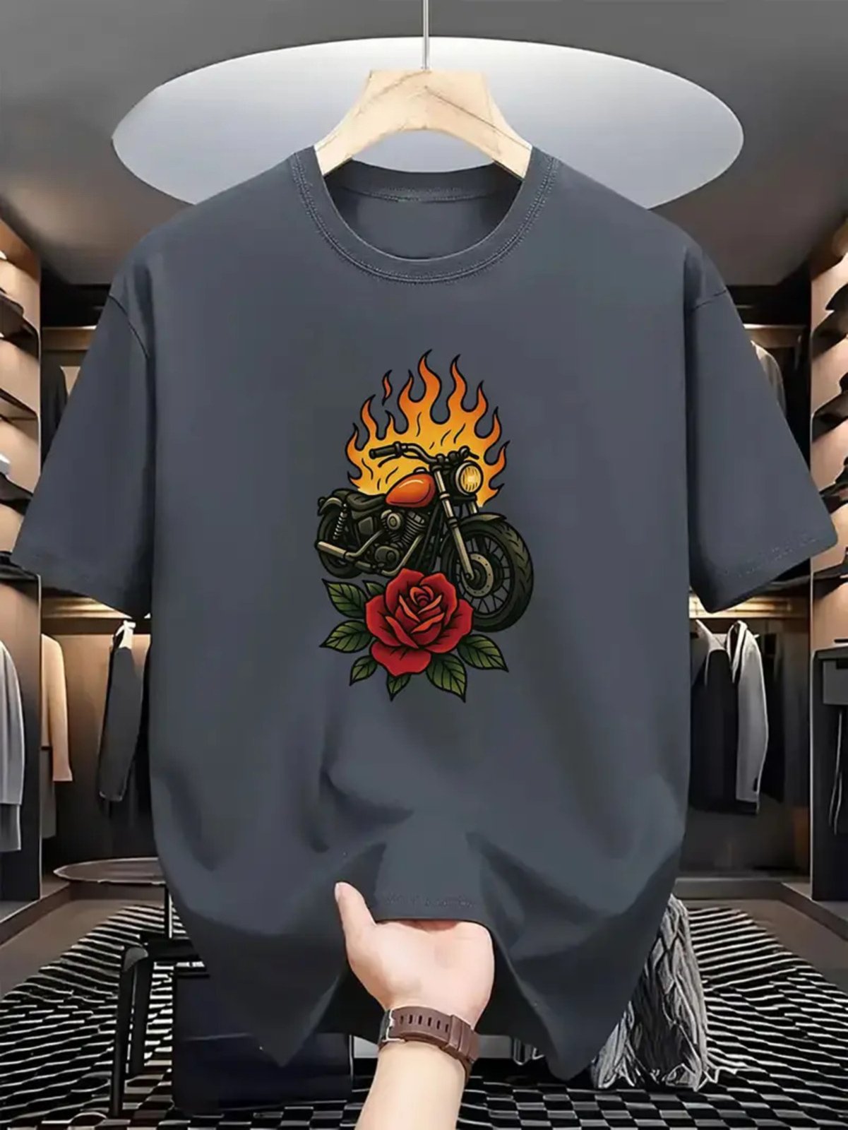 Camiseta Estampada Moto Em Chamas Safira Moda Algodão Cinza Chumbo